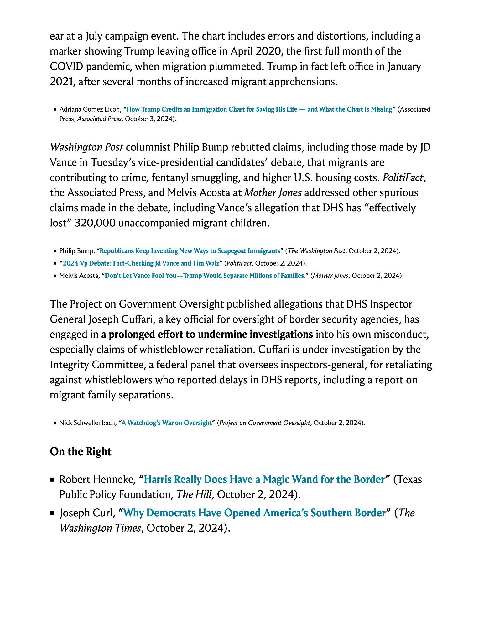 Washington Post columnist Philip Bump rebutted claims, including those made by JD Vance in Tuesday’s vice-presidential candidates’ debate, that migrants are contributing to crime, fentanyl smuggling, and higher U.S. housing costs. PolitiFact, the Associated Press, and Melvis Acosta at Mother Jones addressed other spurious claims made in the debate, including Vance’s allegation that DHS has “effectively lost” 320,000 unaccompanied migrant children.

Screenshot of text you can read by clicking on the link in the post.