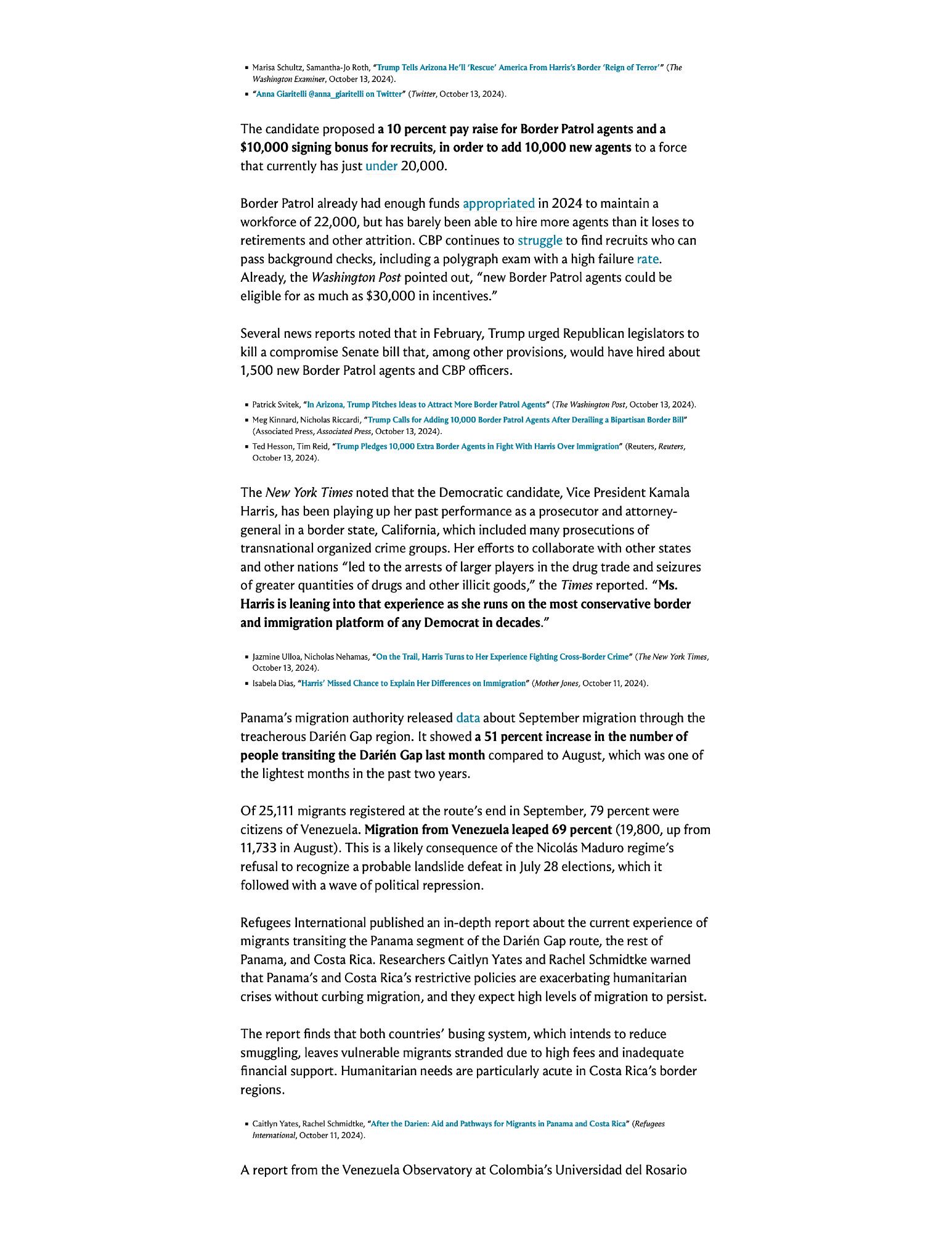 The candidate proposed a 10 percent pay raise for Border Patrol agents and a $10,000 signing bonus for recruits, in order to add 10,000 new agents to a force that currently has just under 20,000.

Border Patrol already had enough funds appropriated in 2024 to maintain a workforce of 22,000, but has barely been able to hire more agents than it loses to retirements and other attrition. CBP continues to struggle to find recruits who can pass background checks, including a polygraph exam with a high failure rate. Already, the Washington Post pointed out, “new Border Patrol agents could be eligible for as much as $30,000 in incentives.”

Several news reports noted that in February, Trump urged Republican legislators to kill a compromise Senate bill that, among other provisions, would have hired about 1,500 new Border Patrol agents and CBP officers.

Screenshot of text you can read by clicking on the link in the post.