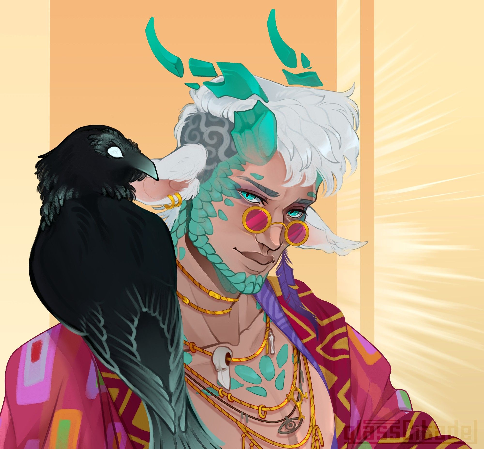 Digital art bust of a male character (Kal), a dragonborn bard with his black bird familiar (Steph) perched on his shoulder, back facing and head turned to the side. Kal is looking at the viewer with a sort of wary expression and half smile.
He wears many jewelry accents and layered clothing of many colors and patterns, and wears a small pair of gold, circular, red-tinted glasses with no arms. His horns are broken up and float in shape above his head.