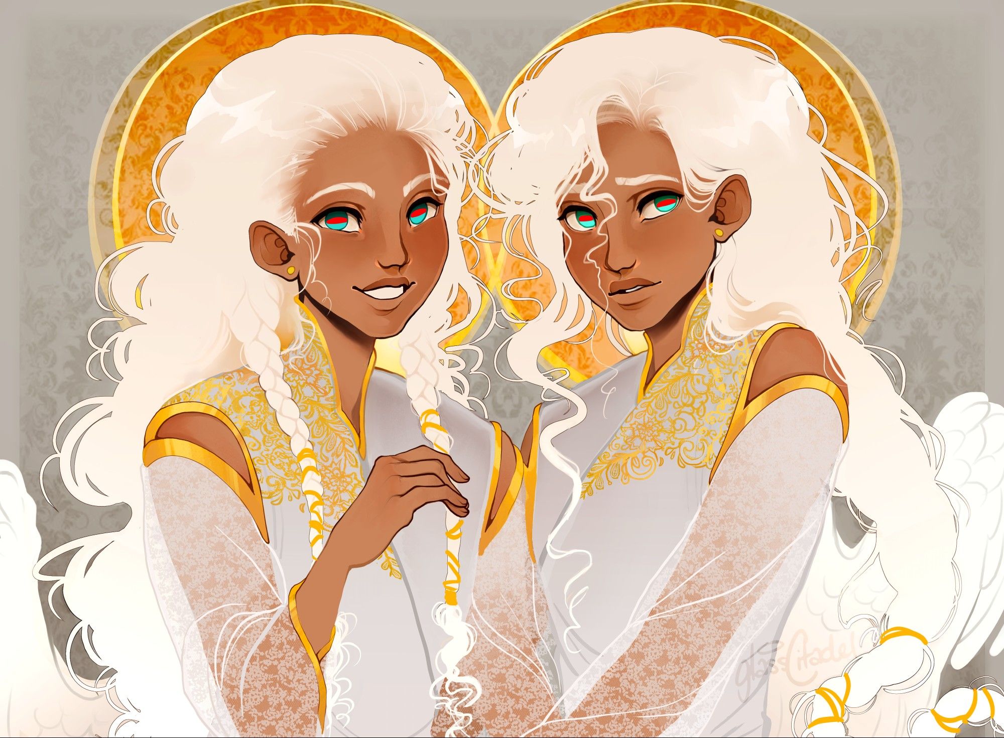 A digital halfbody drawing of two royal, identical twin children (one female, one male, Auriel and Eden) with white hair and wings. They wear the same clothing, light blue-grey tunics with gold embroidery and accents, and lacey long sleeves. Auriel is smiling happily at the viewer while Eden looks apprehensively to the side.
The only visual differences are a slight eye color change, and their hair is styled differently.