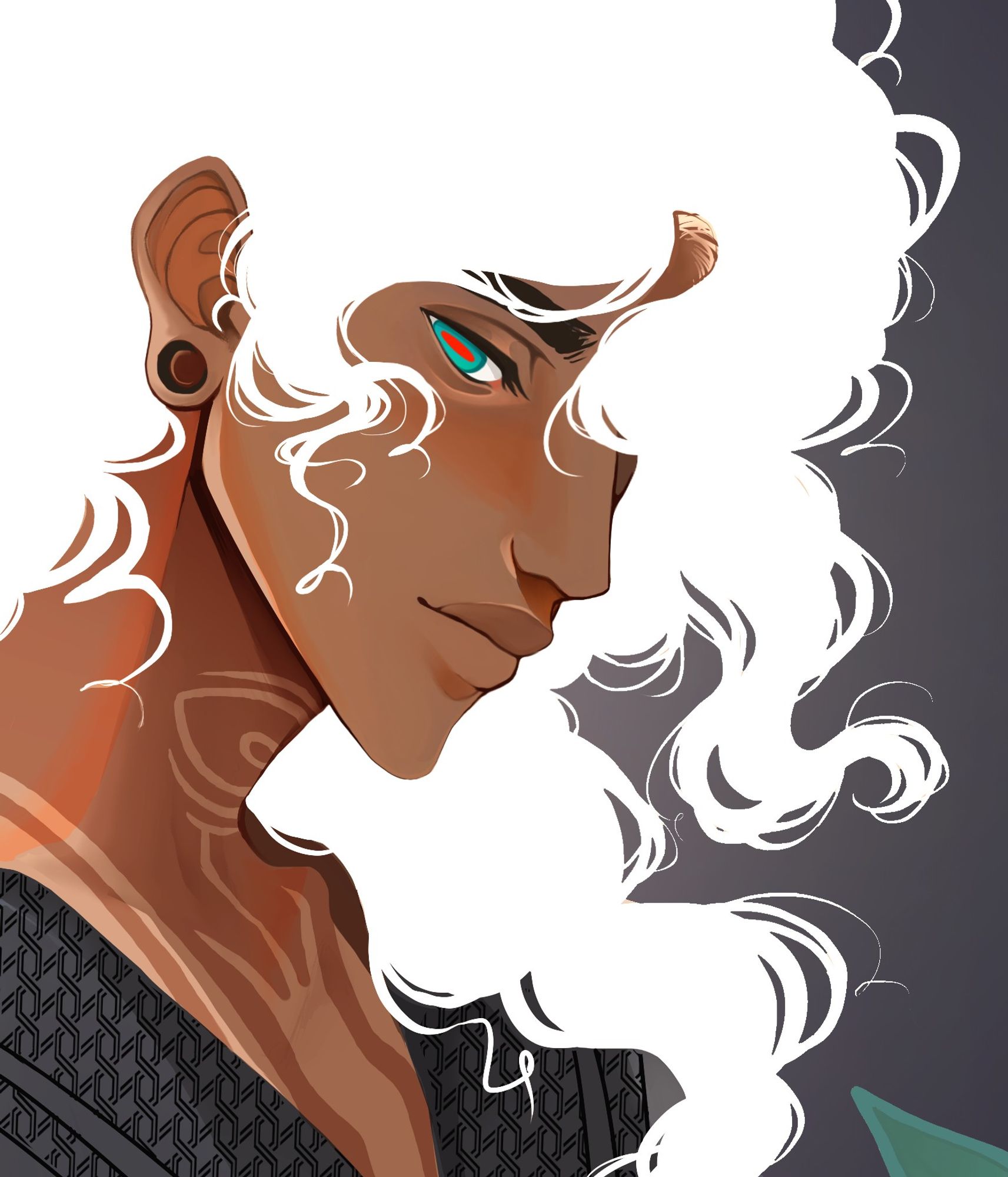 A cropped and slightly edited version of an older photo-- an almost profile bust of a white haired, femme male oc. He's smiling gently and looking off to the side.