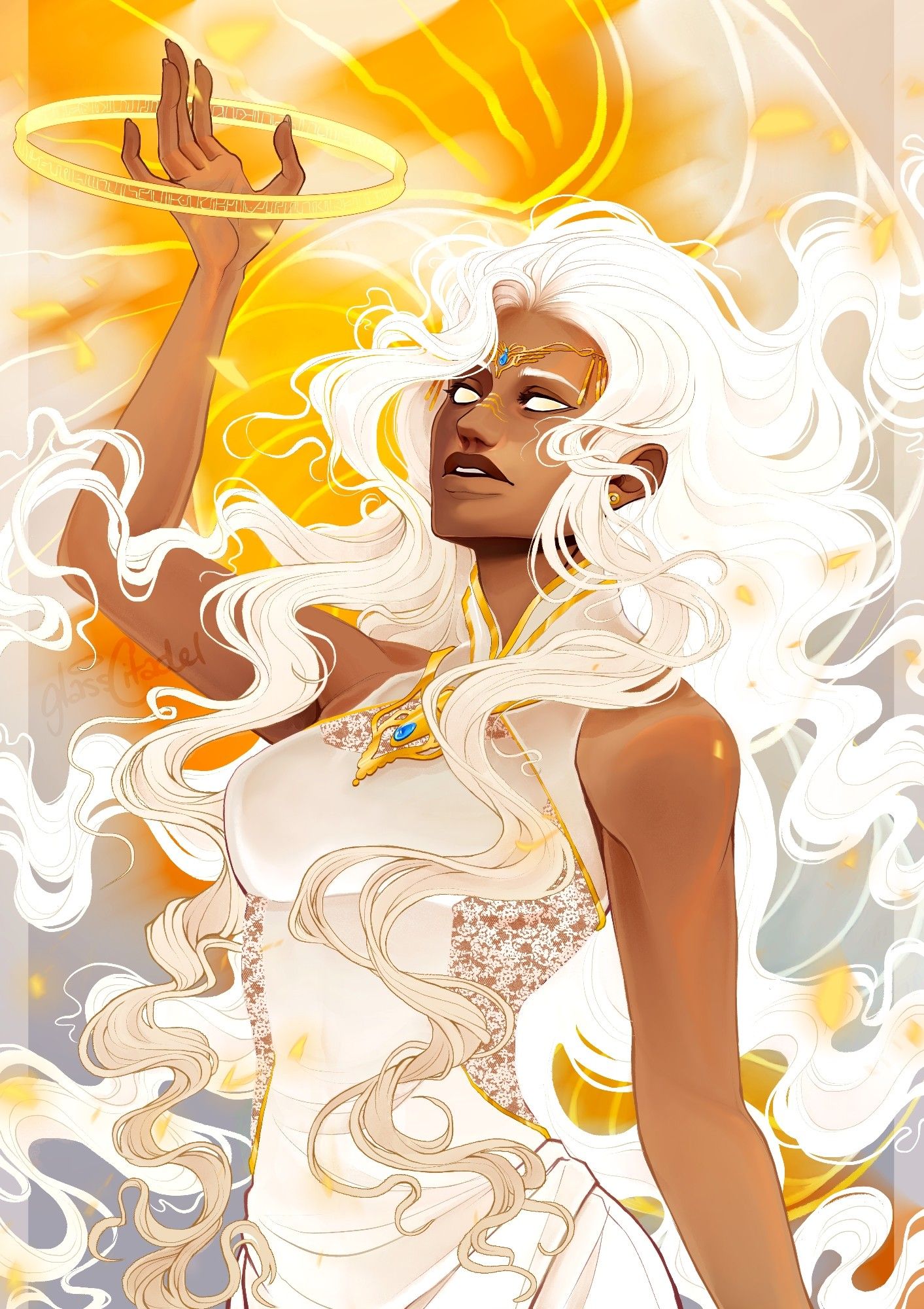 A halfbody illustration of a female angel oc (Auriel, sans wings) with very long flowing white hair, white gown and gold jewelry, and whited out eyes. She is reaching upwards with a rune circle around her hand.