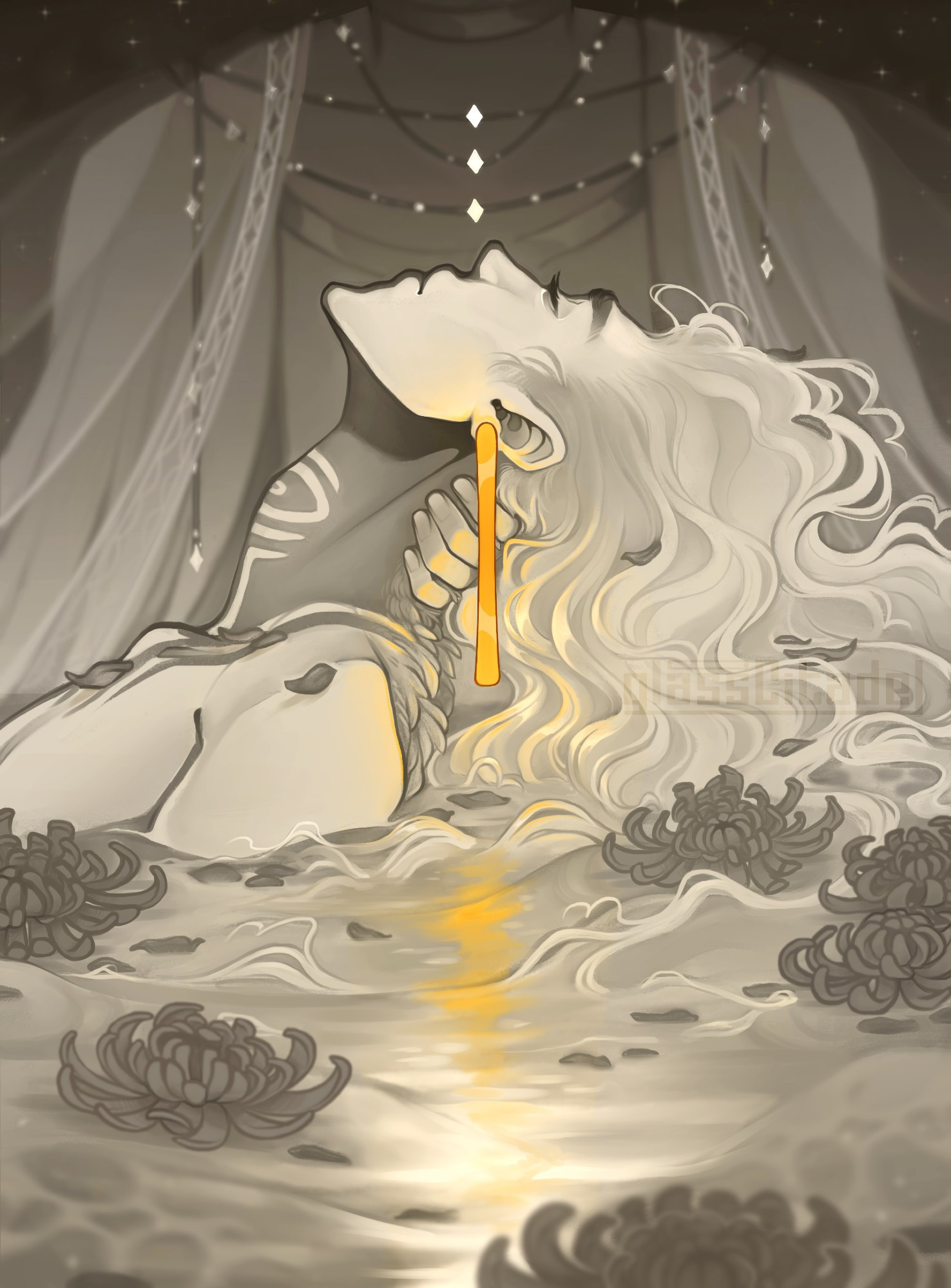 Grey illustration of a male oc being lowered into unstill water filled with chrysanthemums by an unknown person in the bg. He's facing slightly away from the viewer with closed eyes, his long hair snaking amongst the waves.
A gold bar earring falls vertically in the center of the drawing and casts a yellow light on the water.