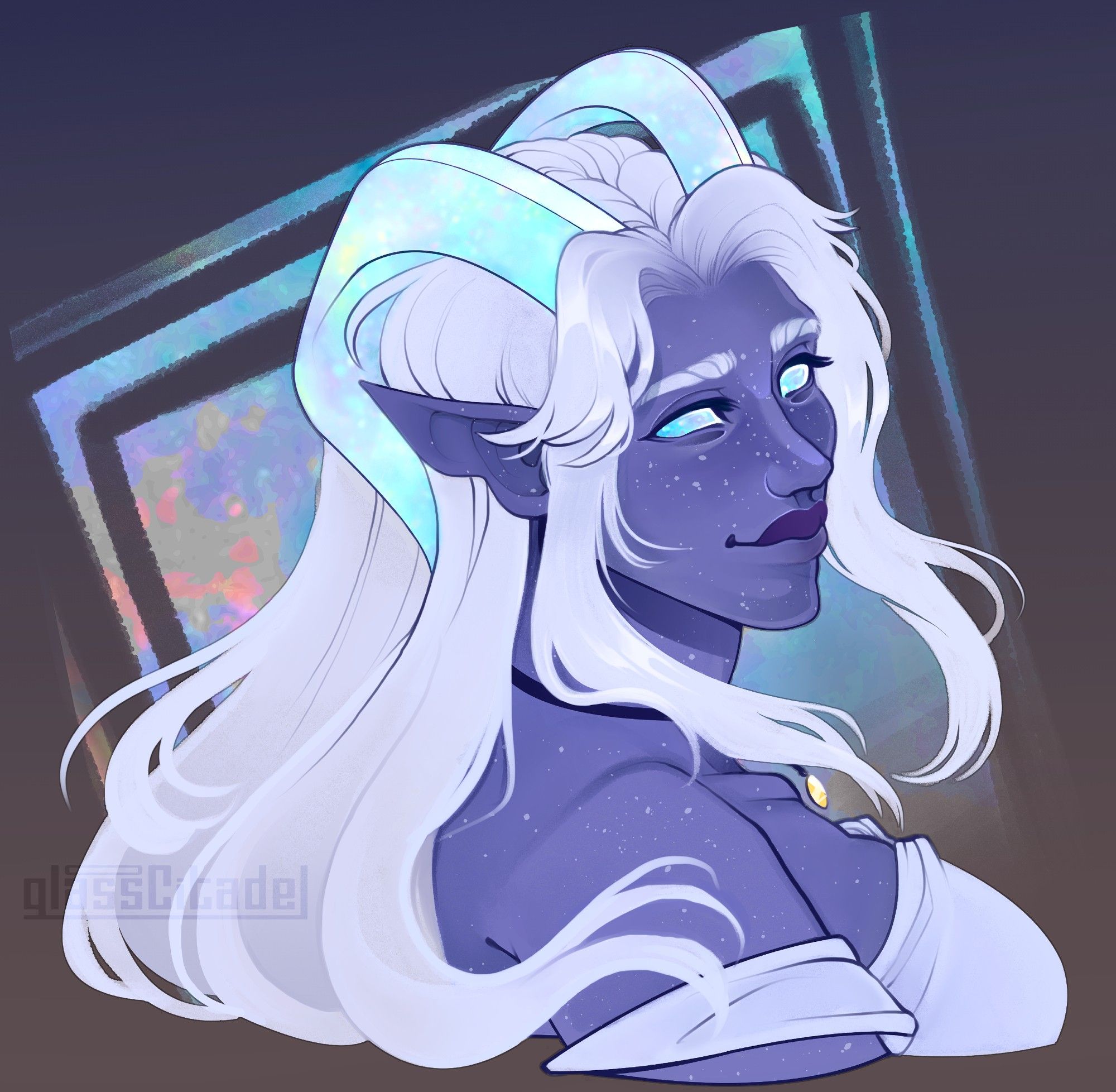 Bust of a purple tiefling covered in lighter purple freckles, (Liluth, they/them) with opalescent eyes and horns, and long, off-white hair that frames their face. They are smiling softly over their shoulder at the viewer.