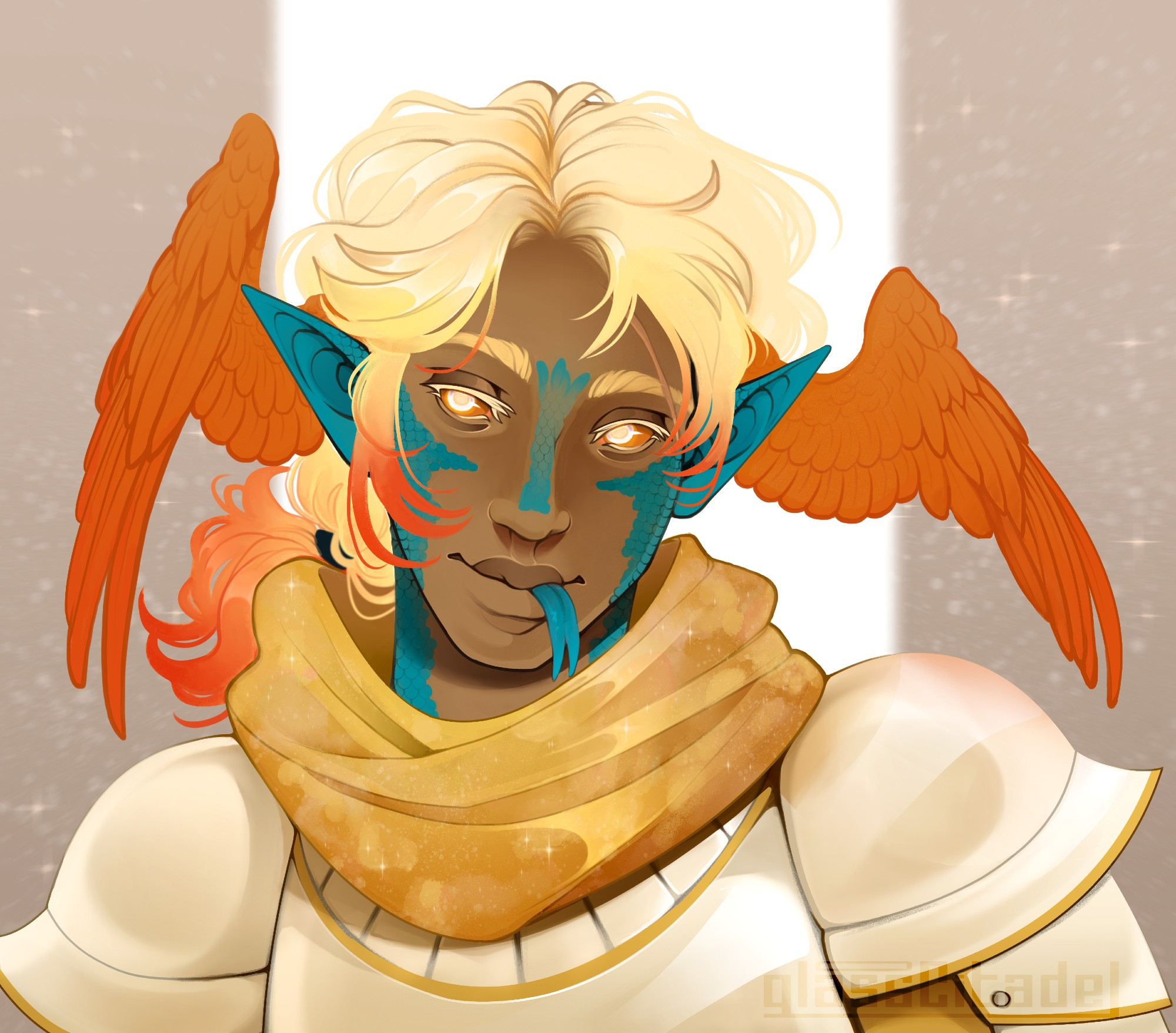 A profile bust commission of a male paladin character wearing white armor with gold trim and a gold galaxy scarf.
His hair is medium length tied into a ponytail, with a gradient from light yellow to a vivid orange that matches two small headwings.
On his cheeks, pointed ears, and bridge of his nose, there are dark teal snake scales. A small forked tongue bleps from his mouth.