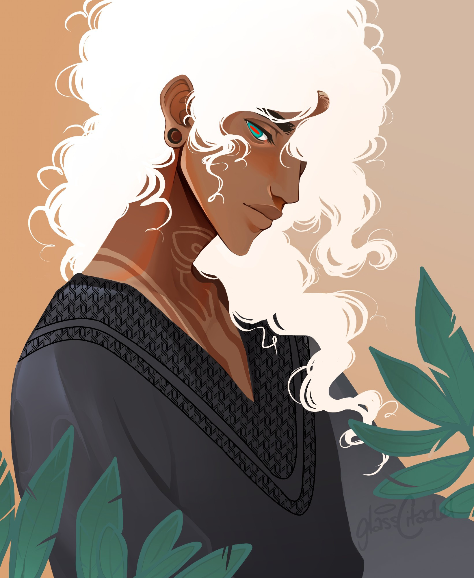 A bust of a femme male oc with curly white hair spilling over his shoulder. He is looking softly down to the right at leaves in the foreground.