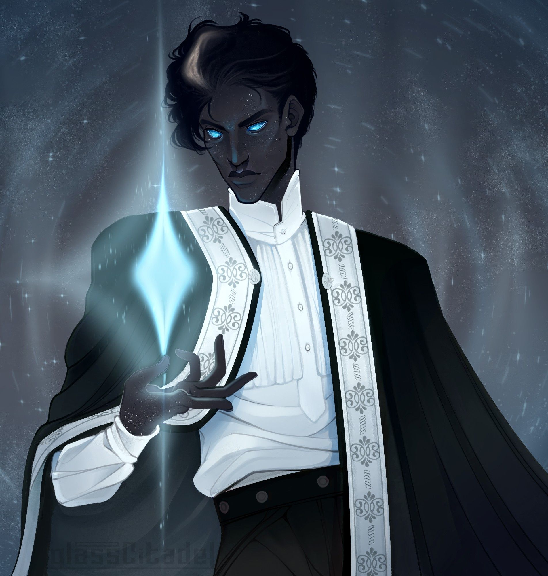 Commission halfbody of a male presenting, starry/night sky themed character looking down at his open hand that holds a glowing, bright blue star above it. He wears a white collared shirt with an open black and white cape over his shoulders.
His eyes are a glowing blue with constellations within, and a grey streak in his hair resembles the milky way.