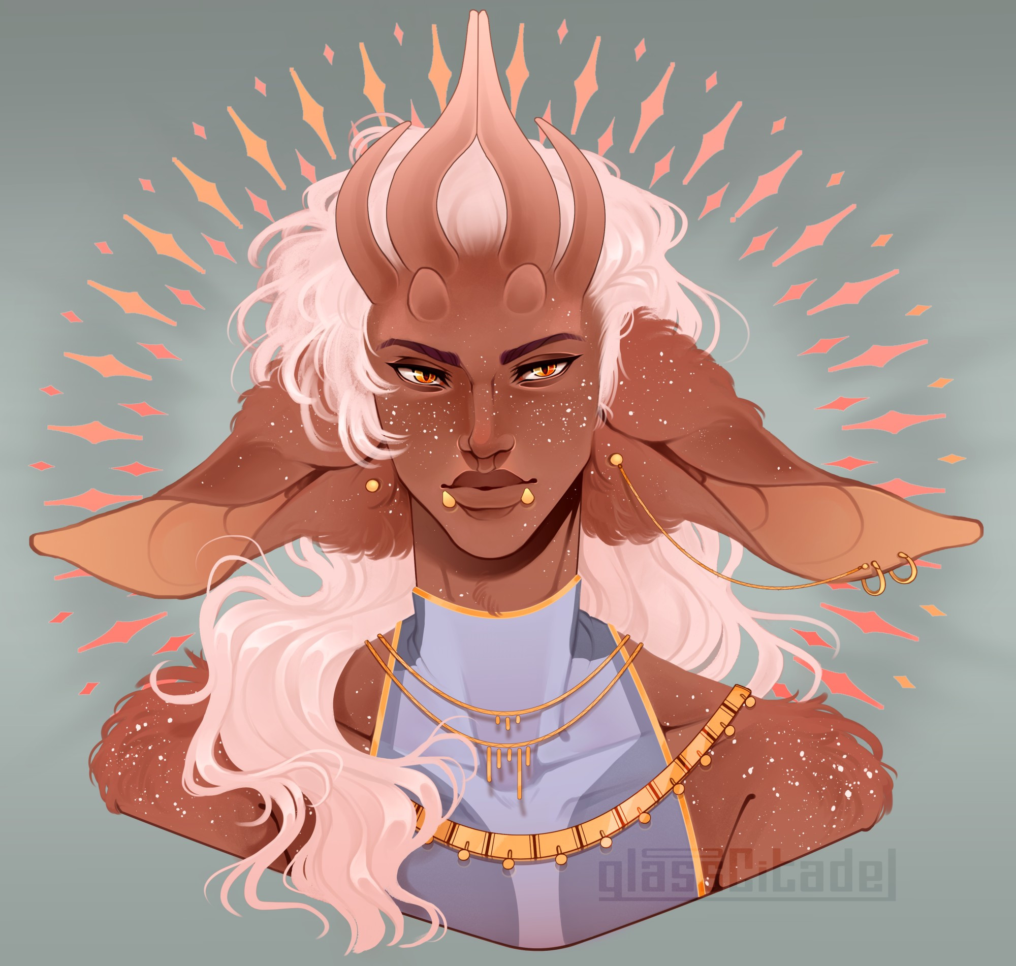 A portrait of a very femme male oc (he/they) with firey gold eyes that look slightly off from the viewer. He has very large faun ears and four smooth horns that gradient to very light at the tips, the center two are larger and bend inward together. White freckles cover most of his dark tan skin/fur, and his light pink hair flows gracefully over his right shoulder.
He has various golden jewelry accents, including two pointed snakebites, double helix, lobes, and three necklaces.