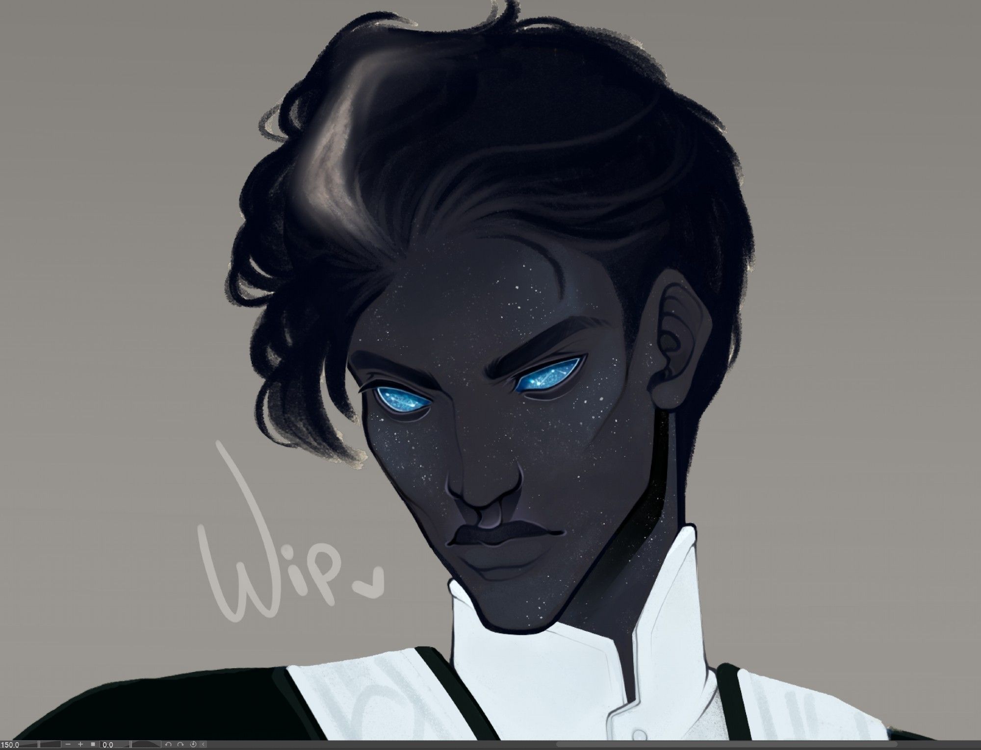 A cropped headshot commission wip of a night sky inspired male character, very dark skin covered in flecks of stars. He has short black hair with a "grey streak" meant to look like the milky way. His eyes are inspired by the blind owl, Zeus: a vivid blue with specks that look like constellations within, no pupil.