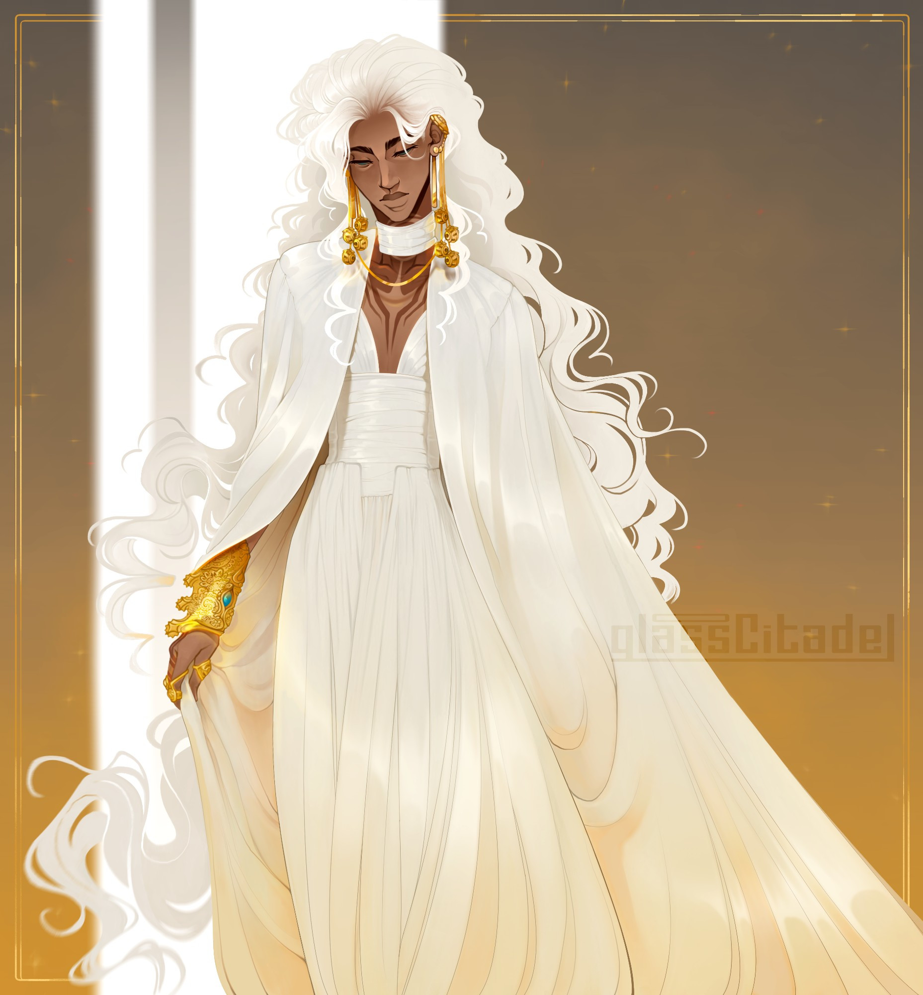 An almost fullbody digital drawing of a femme male oc with very long and curly white hair in a very loose study of Dolce & Gabbana's 2024 Alta Moda Look 81 Zelestina, a long, elegant, flowing gown with a sort of cape over the shoulders (altered to white and gold).