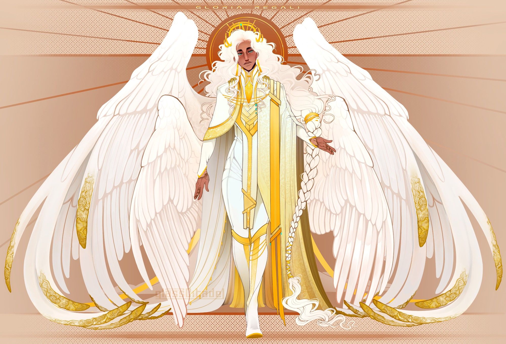 A digital fullbody drawing of a crowned religious monarch character against a dark peach, dotted background. His wardrobe, floor-length braided hair, and seraphim wings are all white, with gold clothing accents and gilded primary feathers.
He smiles lightly and looks as though he's walking to greet the viewer.
"Gloria regali" is is gold letters above, inspired by the song of the same name by Tommee Profitt & Fleurie.