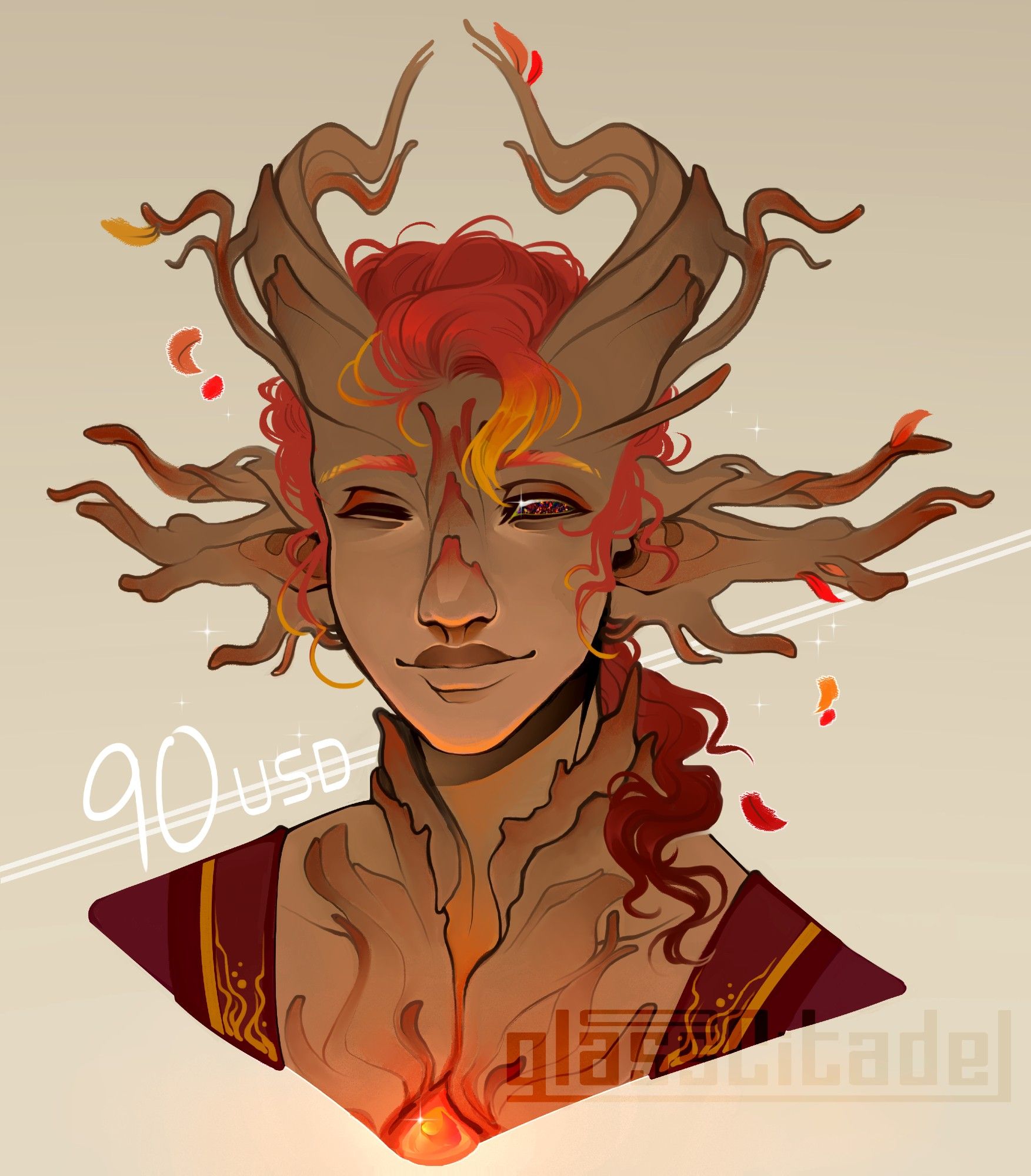 A chestnut colored tiefling portrait. winking with a gentle smile. Their eye is a black fire opal, and tree-like branches with fall-colored leaves sprout from all over their face, ears, and horns. Their hair is a gradient from light oranges to dark red in a small ponytail. There is a large and bright, red crystal in the center of their chest that casts a glow on their face.
The price 90 USD is to the left.