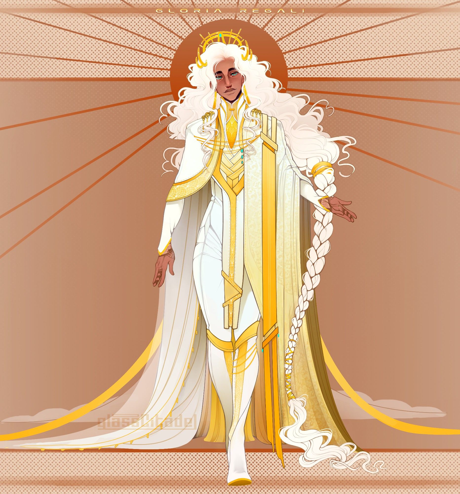 A wingless fullbody version of the same outfit from before.
A crowned religious monarch character against a dark peach, dotted background. His wardrobe and floor-length braided hair are white with gold clothing accents.
He smiles lightly and looks as though he's walking to greet the viewer.
"Gloria regali" is is gold letters above, inspired by the song of the same name by Tommee Profitt & Fleurie.