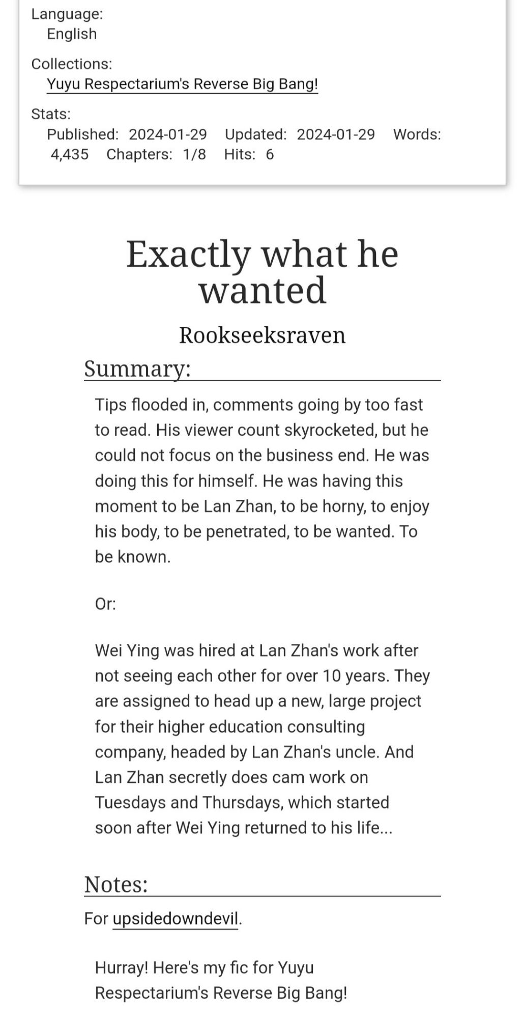 Tips flooded in, comments going by too fast to read. His viewer count skyrocketed, but he could not focus on the business end. He was doing this for himself. He was having this moment to be Lan Zhan, to be horny, to enjoy his body, to be penetrated, to be wanted. To be known.

Or:

Wei Ying was hired at Lan Zhan's work after not seeing each other for over 10 years. They are assigned to head up a new, large project for their higher education consulting company, headed by Lan Zhan's uncle. And Lan Zhan secretly does cam work on Tuesdays and Thursdays, which started soon after Wei Ying returned to his life...