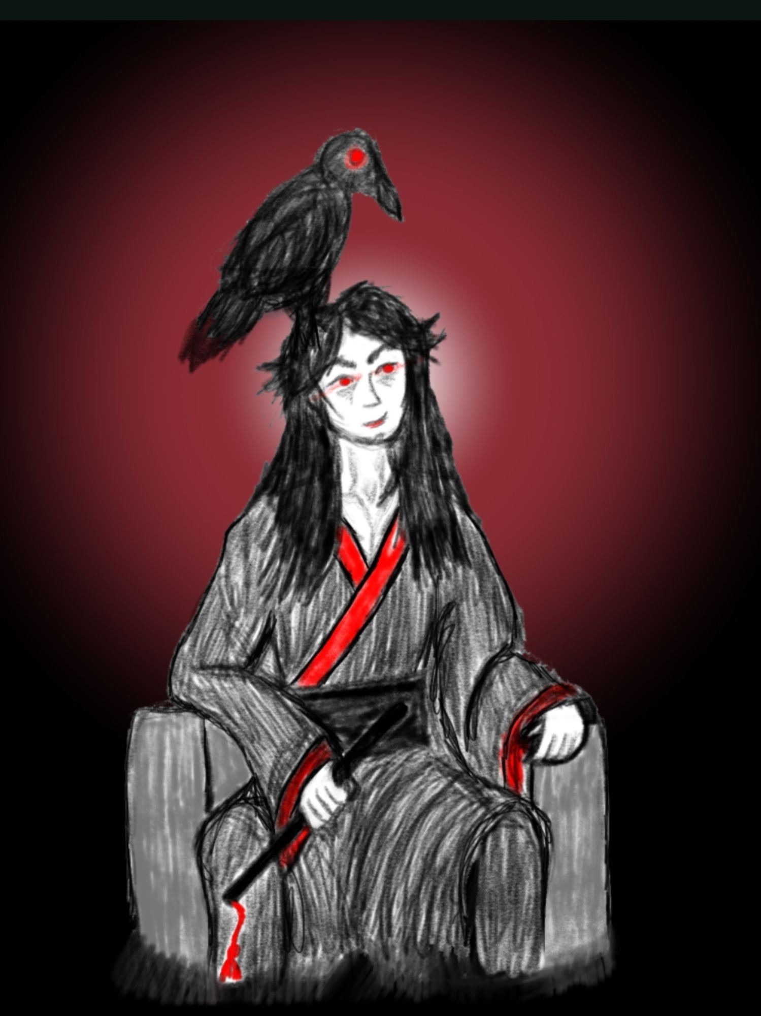 Sketch of Wei Wuxian sitting with Chenqing in his right hand, red eyes, messy hair, and a crow standing on his head with red eyes. Radial fill background with dark red, getting lighter around WWX's head.