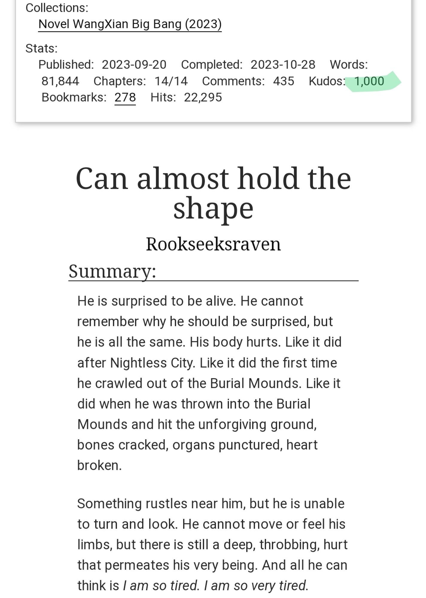 Screenshot of AO3 fic "Can almost hold the shape" with "1,000" highlighted in green emphasizing 1,000 kudos.