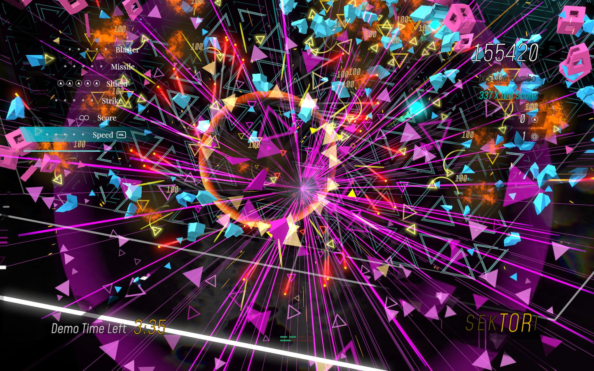 Sektori death screenshot - explosion of geometry erupts across the entire playfield