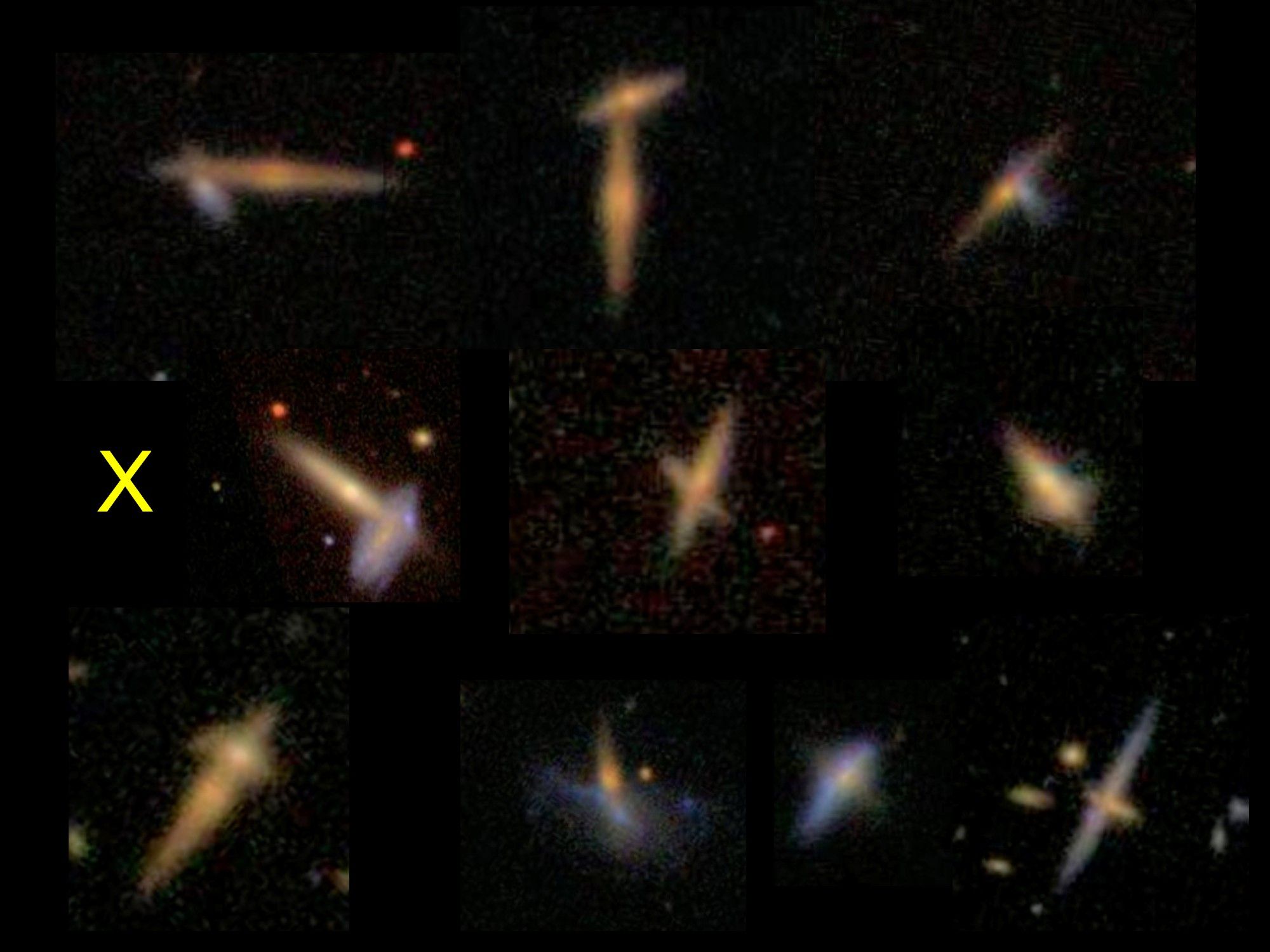 Gallery of overlapping-galaxy systems crossing like X or t.