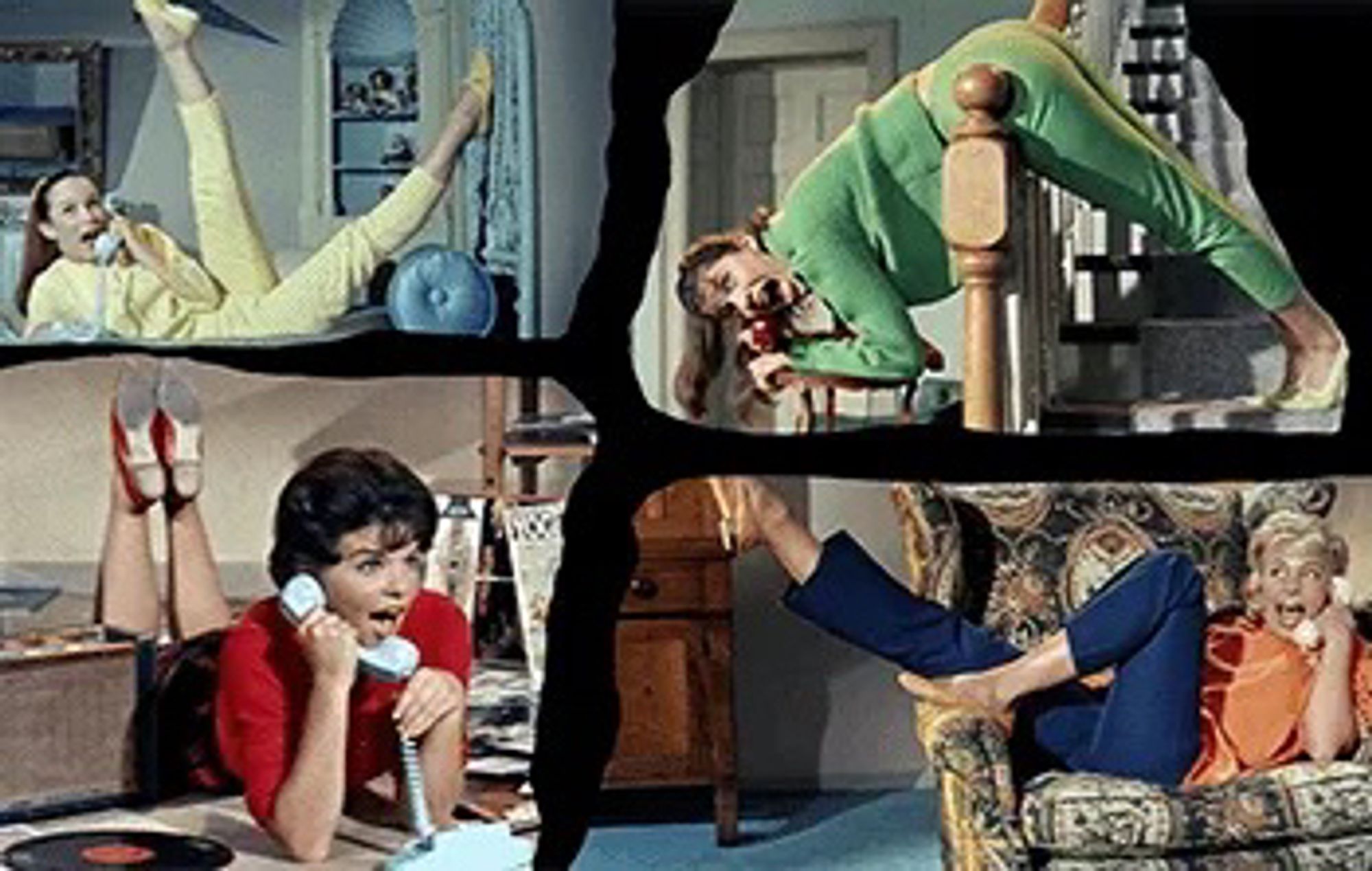 A split screen of a bunch of girls talking on the telephone from the song Telephone Hour from the Bye Bye Birdie movie