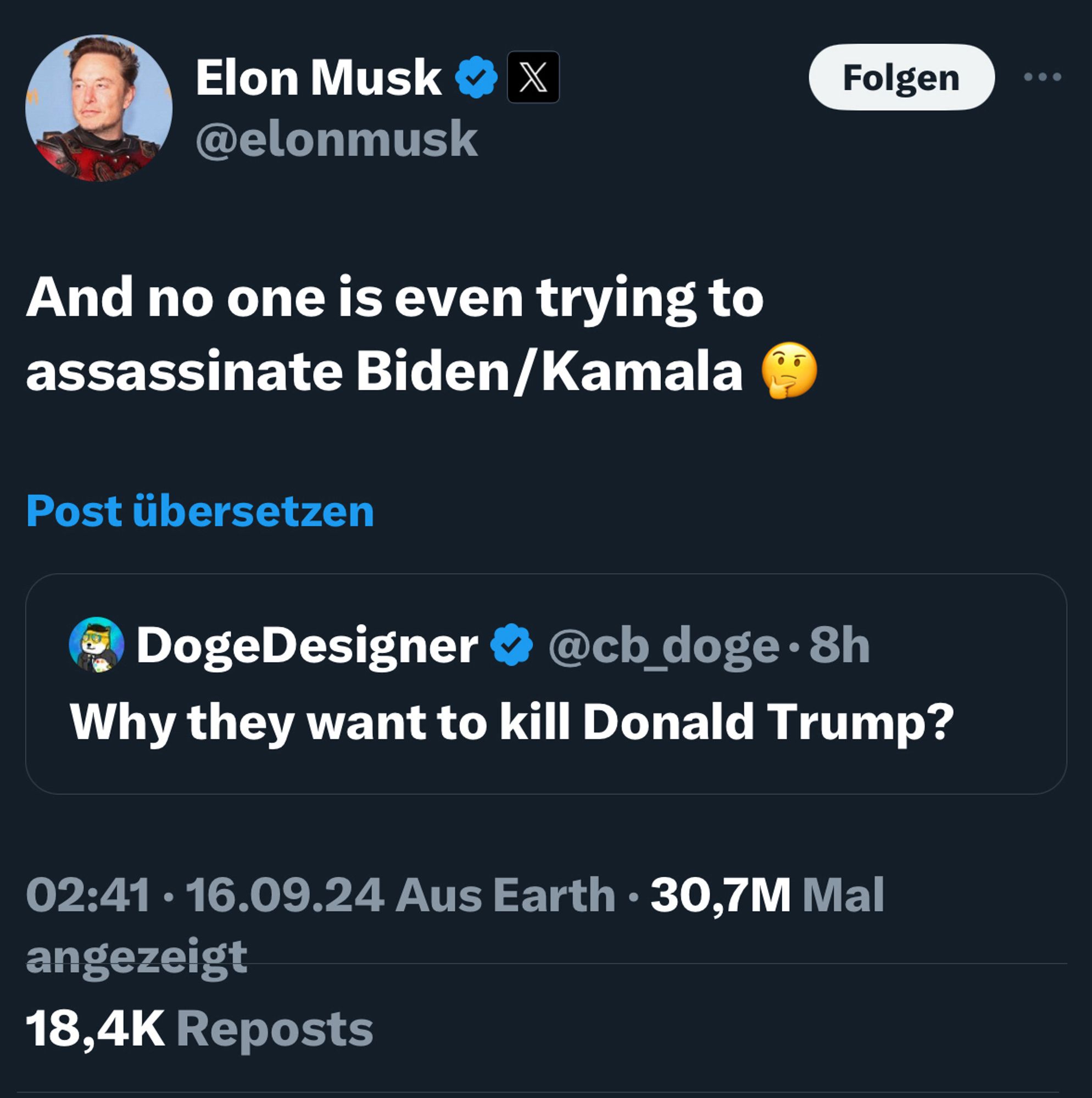 Screenshot Tweet Elon Musk, gesendet 16.9.24 um 2:41 Nachts, Text: "And no one is even trying to assassinate Biden/Kamala 🤔"