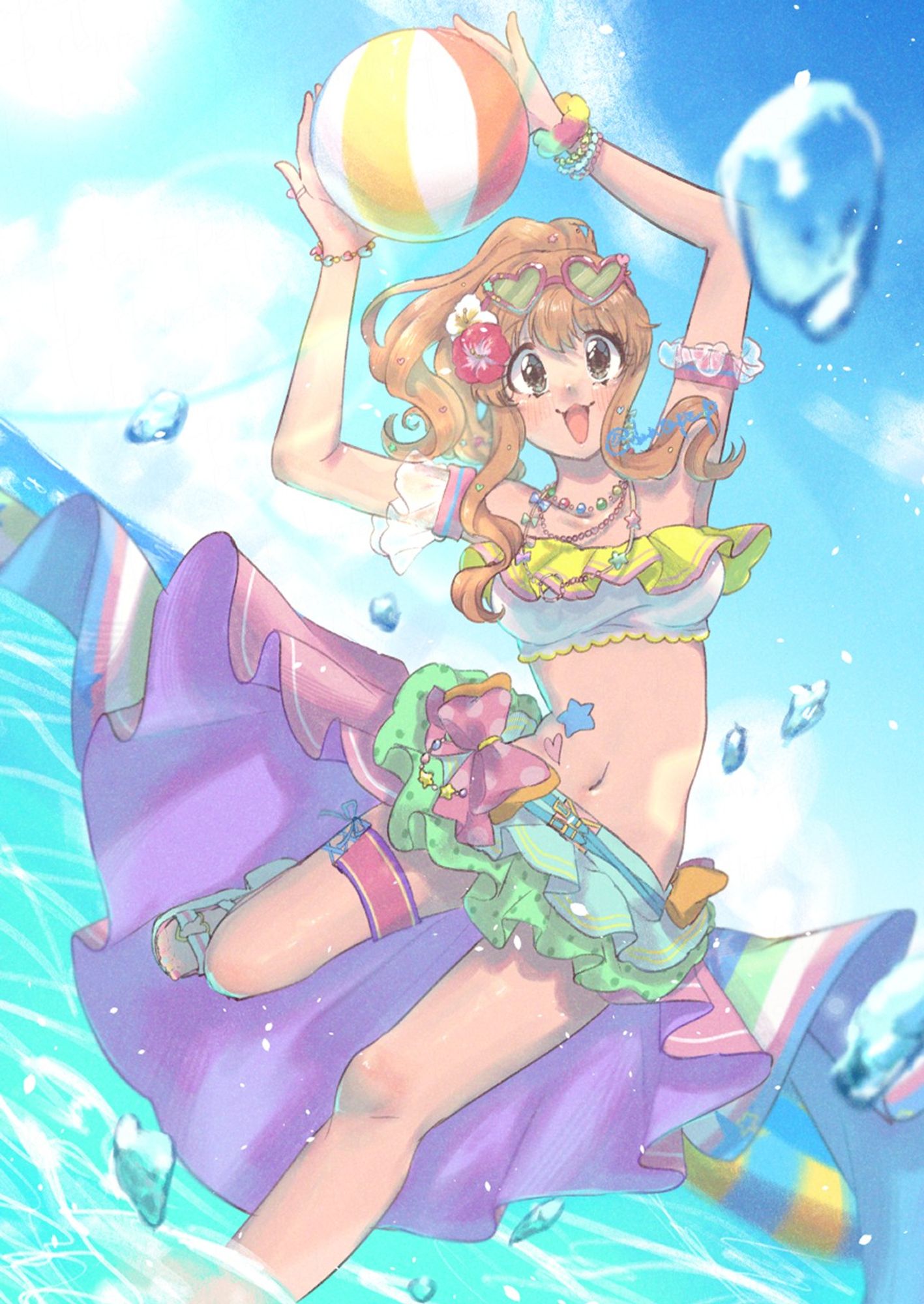 アイドルマスターシンデレラガールズの諸星きらりちゃんの絵。
水着風の衣装を着て、海に入っている。