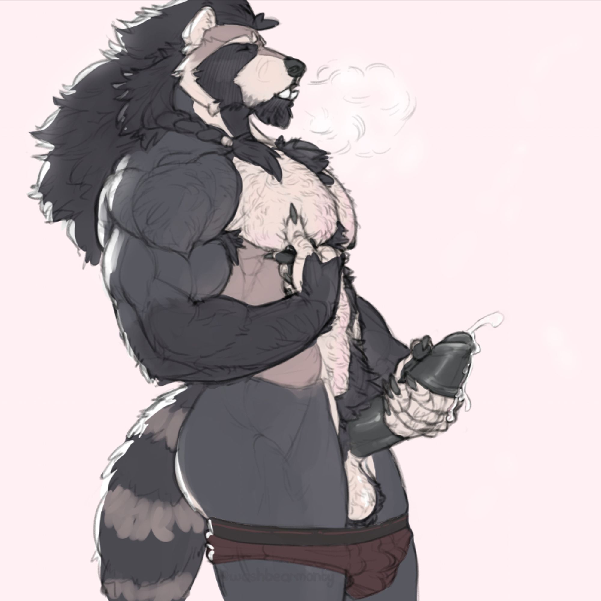 Raccoon Monty stroking himself off, while pinching his nipple with a free hand