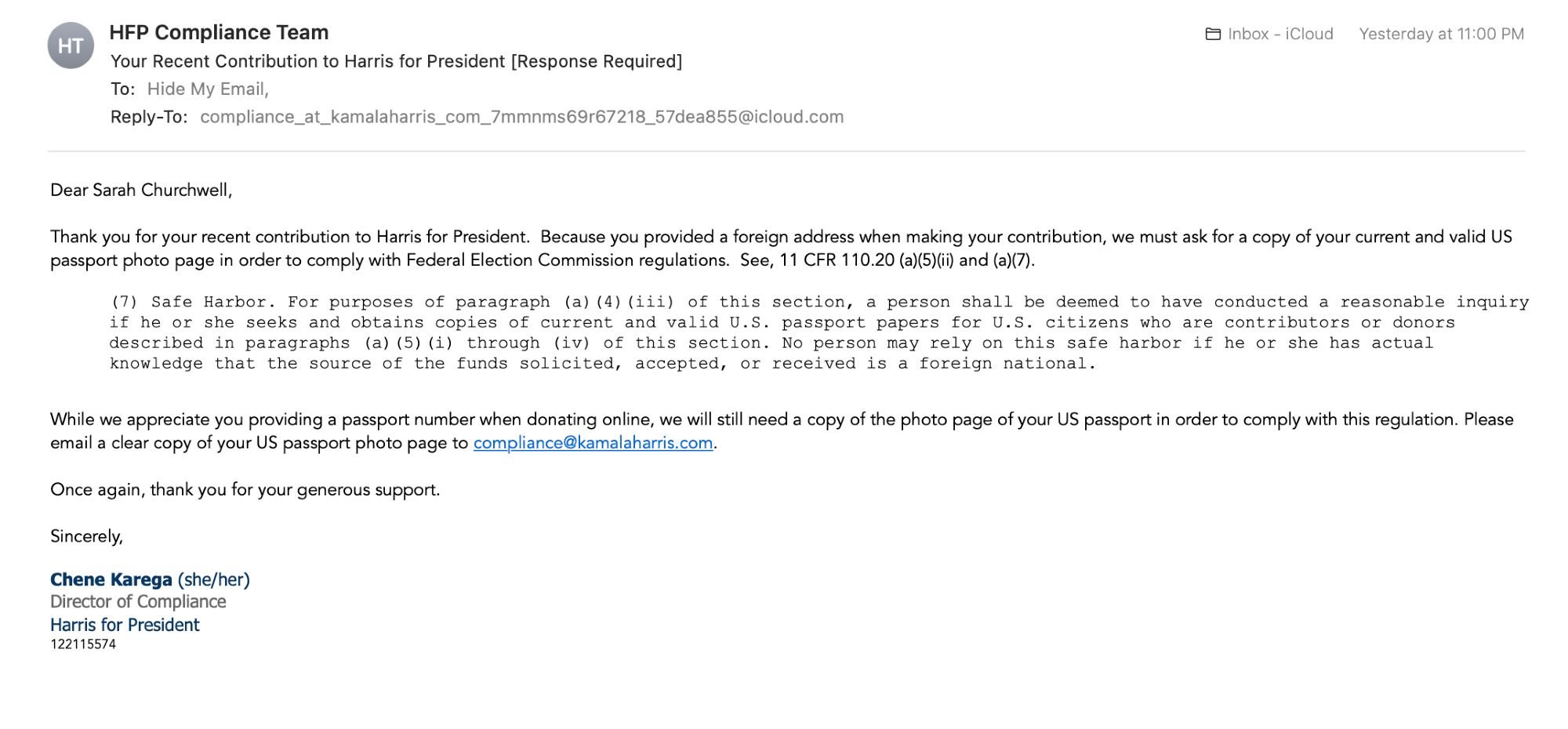 An email claiming to be from "HFP Compliance Team" signed Chene Karega that requests uploading your passport to verify a donation to the Harris campaign. The email address is fake.