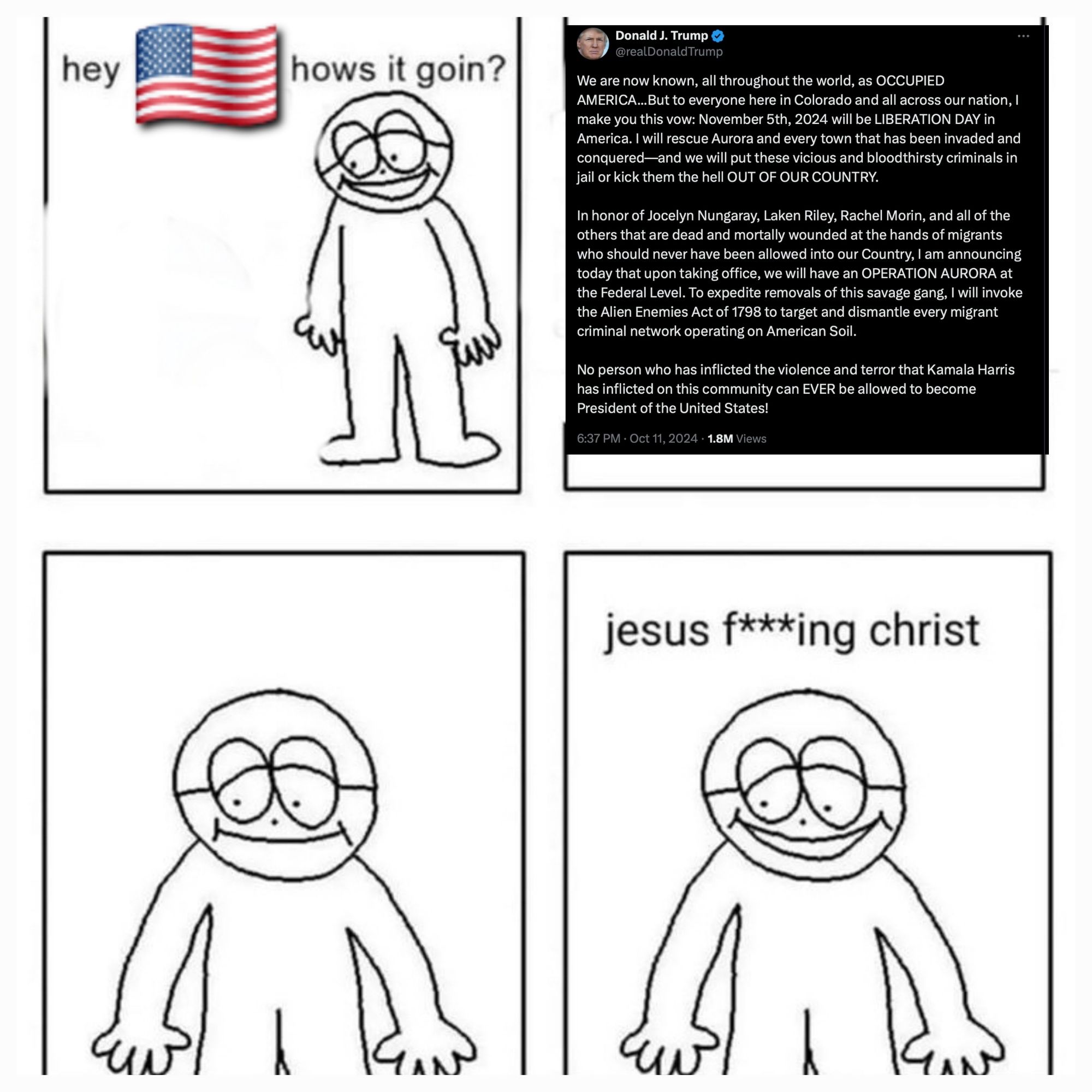 Panel 1: A crudely drawn human figure asks, "Hey [United States flag emoji] how's it goin?"
Panel 2: A screen shot of Trump's racist rant threatening mass violence and deportation
Panel 3: The human figure drawing appears to stare thoughtfully, processing the crazy information
Panel 4: The human figure, having let the sheer horror of what it just read register, says "jesus f***ing christ"
