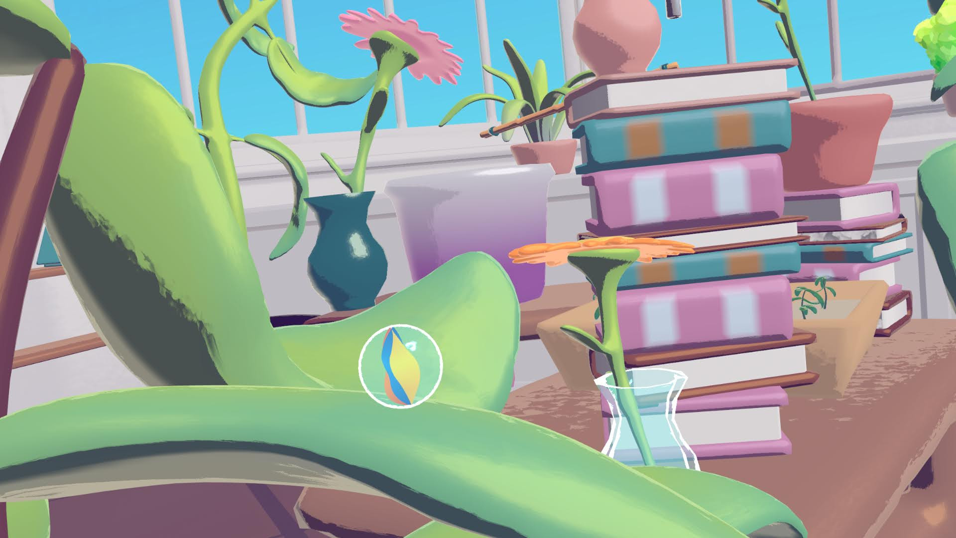 pastel colored cottage scene with flowers, books and various greenery. A marble balances precariously on a leaf in the foreground.