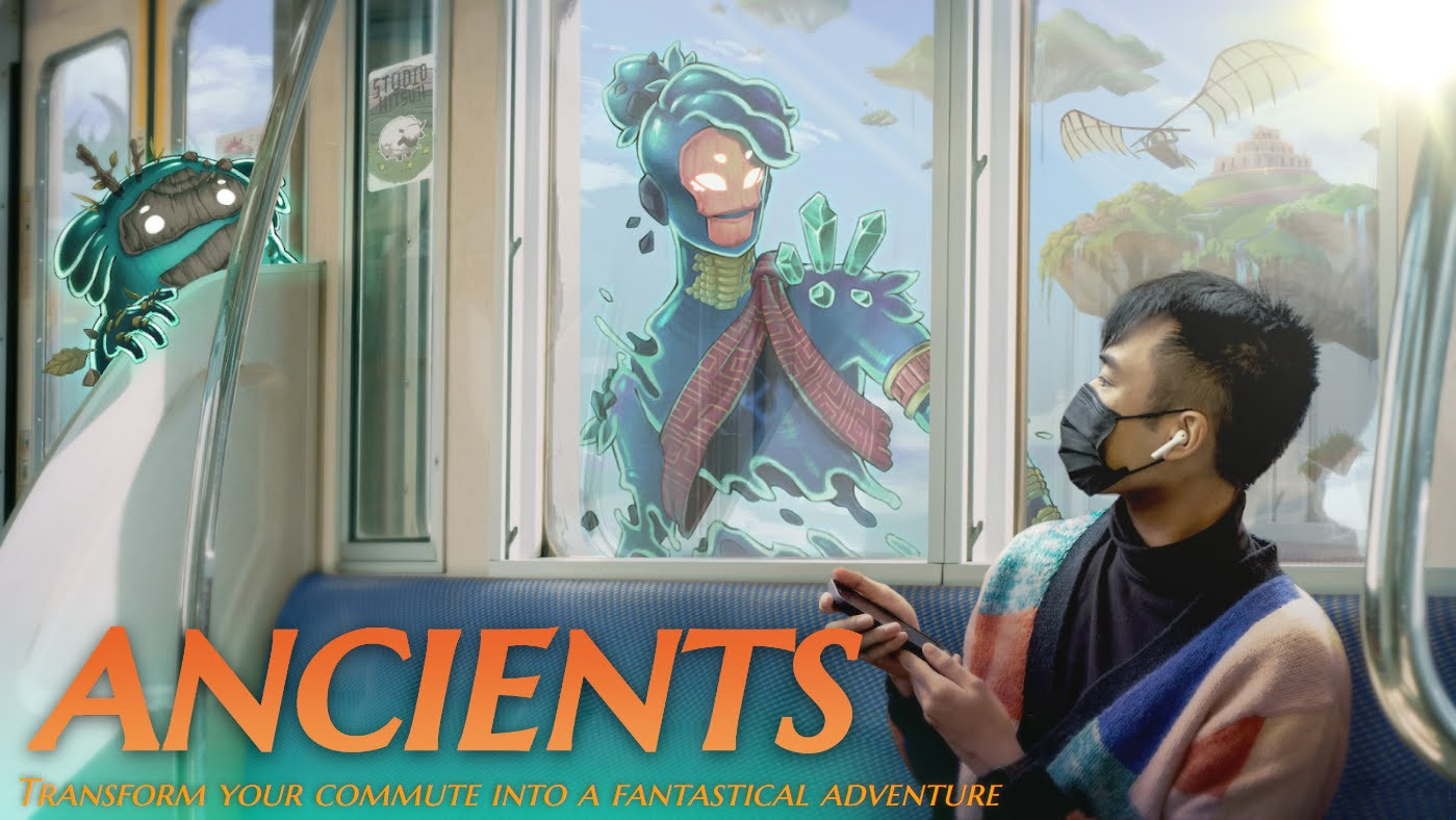 poster-style key art for a game project titled "Ancients: transform your commute into a fantastical adventure". The image mixes IRL photography of a person on a train with hand-painted characters throughout the scene. Outside the train window is a fantasy scene with floating islands and flying machinery.