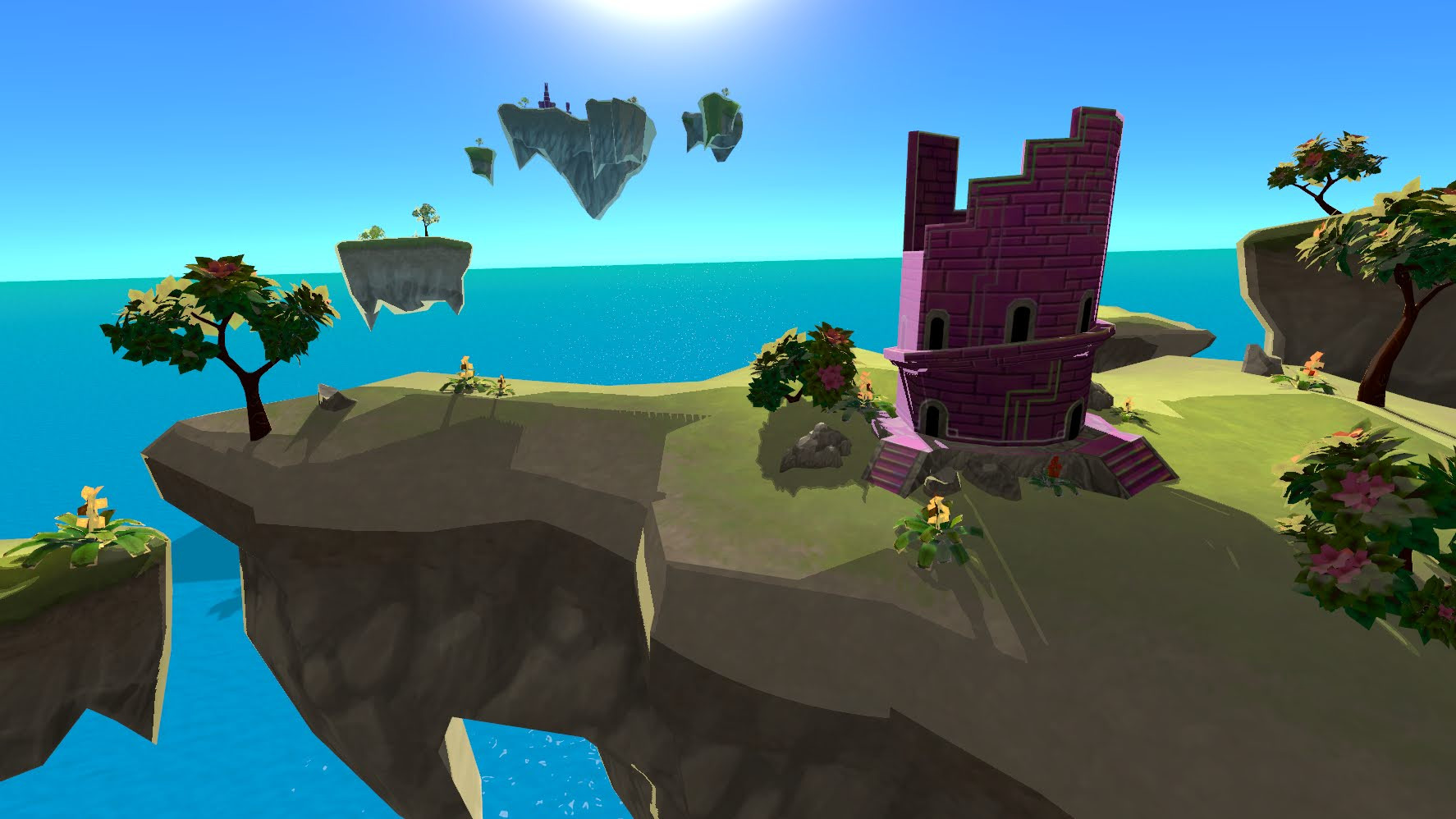 a mysterious scene of a grouping of floating islands above a vast ocean sea-scape. the sun glows above a bright horizon, and a purple tower surrounded by small greenery & shrubs is visible in the foreground.