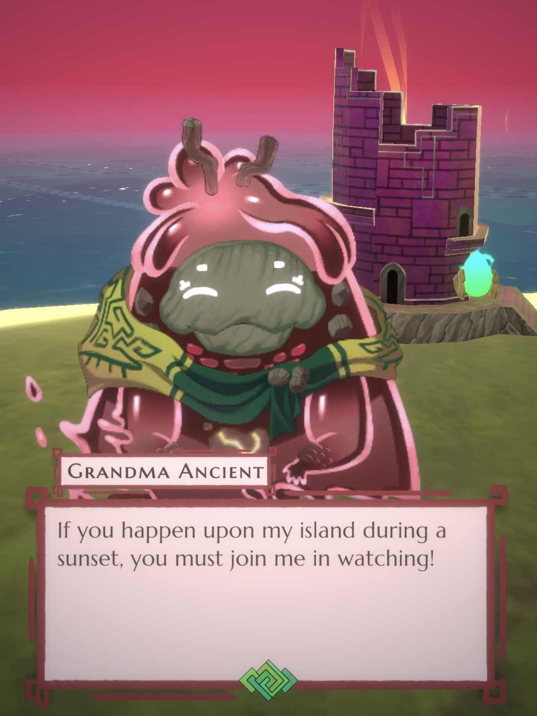 A pink goo being titled "Grandma Ancient" says "If you happen upon my island during a sunset, you must join me in watching"