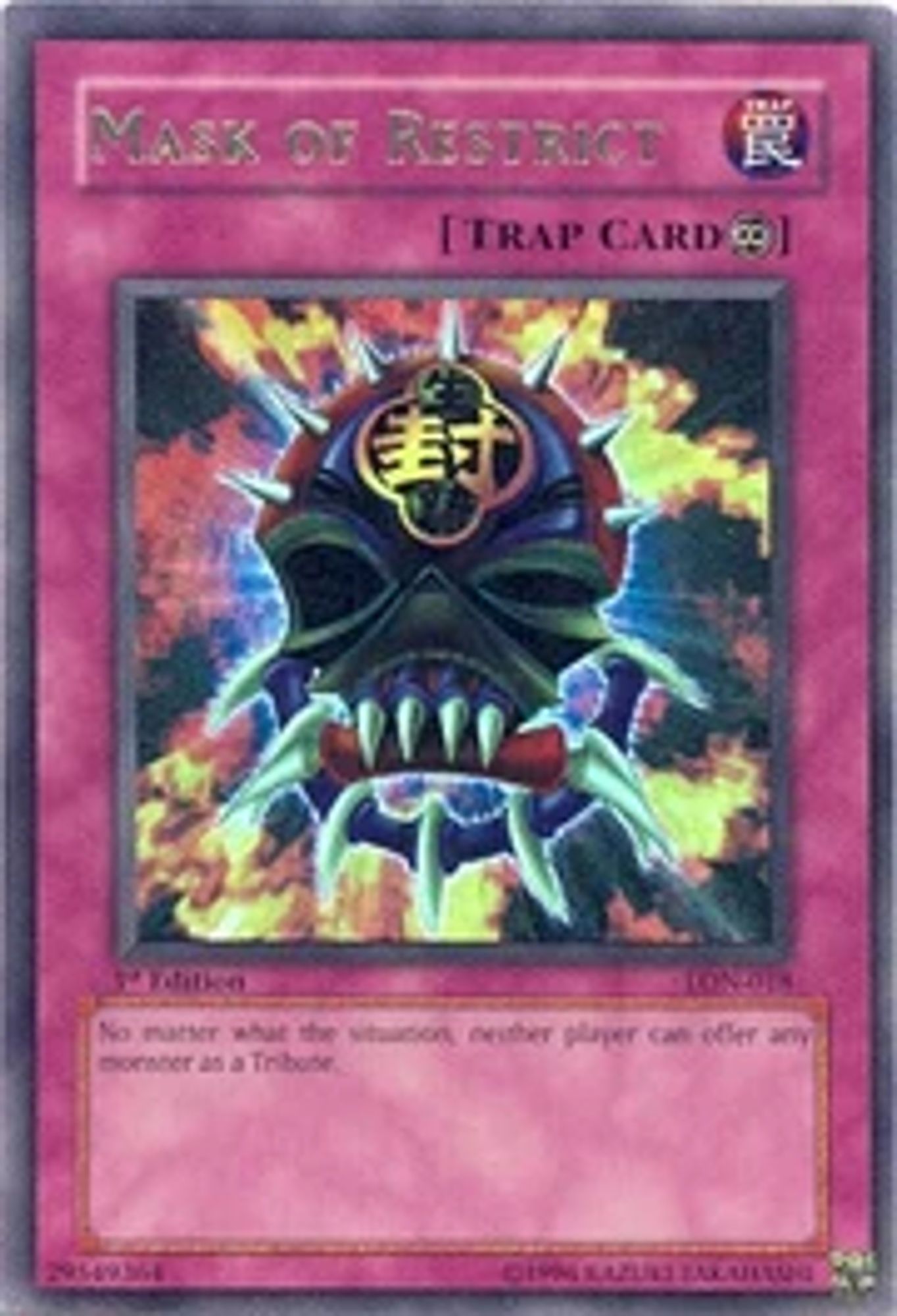 a continuous trap card with the effect no matter what the situation, neither player can offer any monster as a tribute.