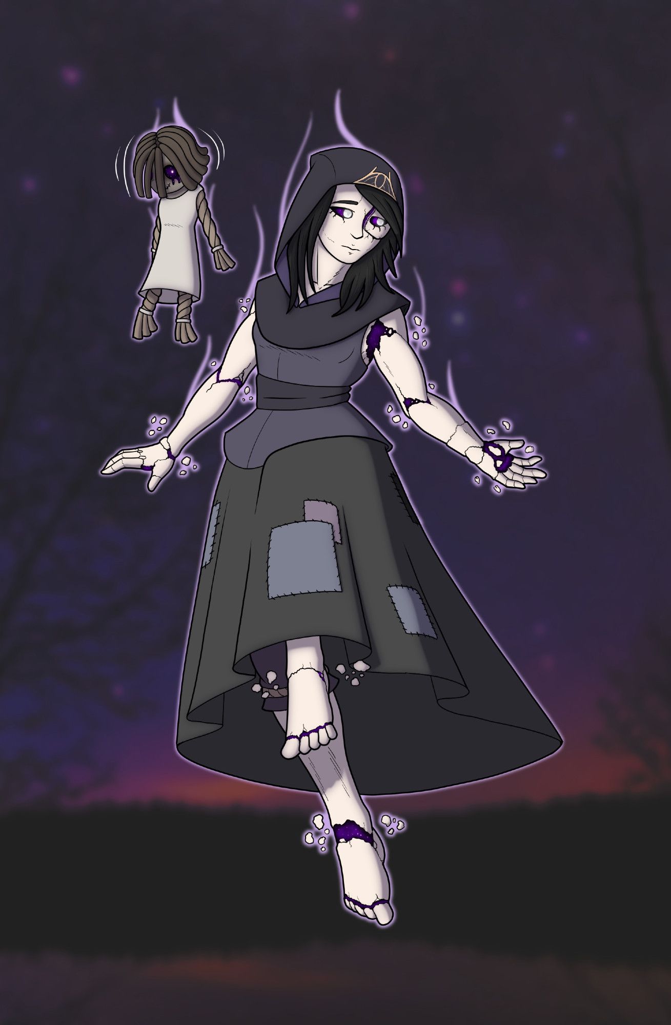 My TTRPG character Asteria. She has pale skin that behaves like porcelain and constantly cracks revealing a purple goop underneath containing stars. She has shoulder length black hair and is wearing a dark grey robe with an eye symbol on the hood and some patches on it. Floating next to her in her familiar, a doll made of rope that was brought to life by magic who is wearing a simple white gown.