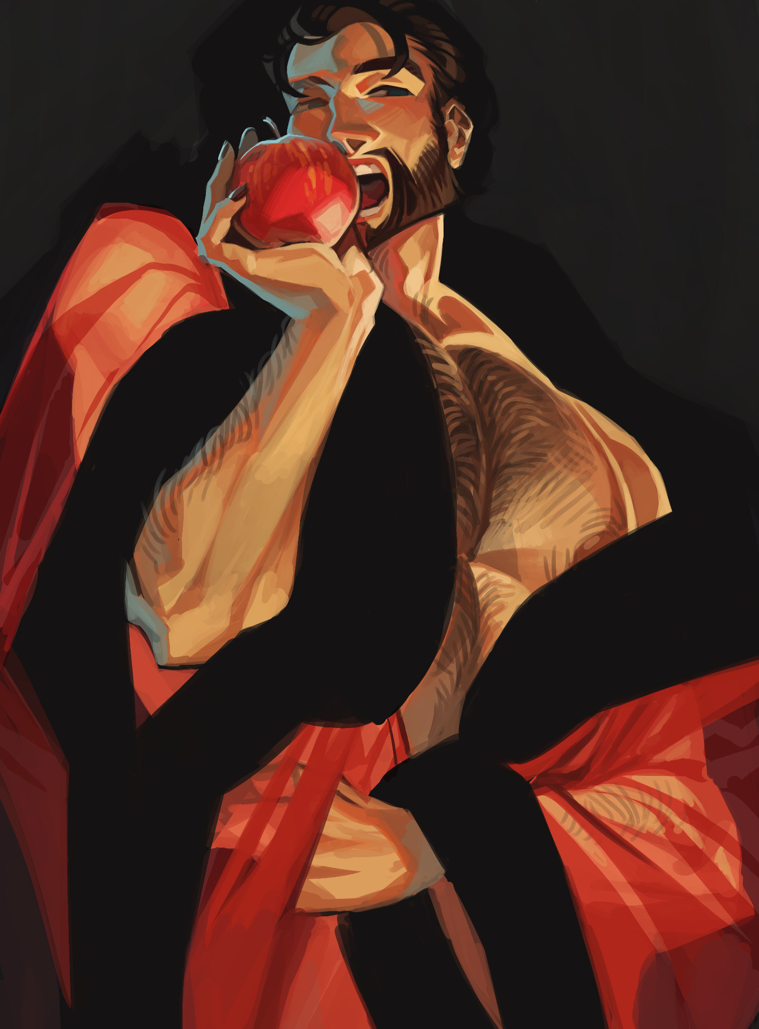 Leyendecker shading study with Chartreuse in a red, sheer, fur-lined bathrobe the likes of which are worn by widows whose wealthy husbands mysteriously vanished. He is holding an apple up to his mouth.