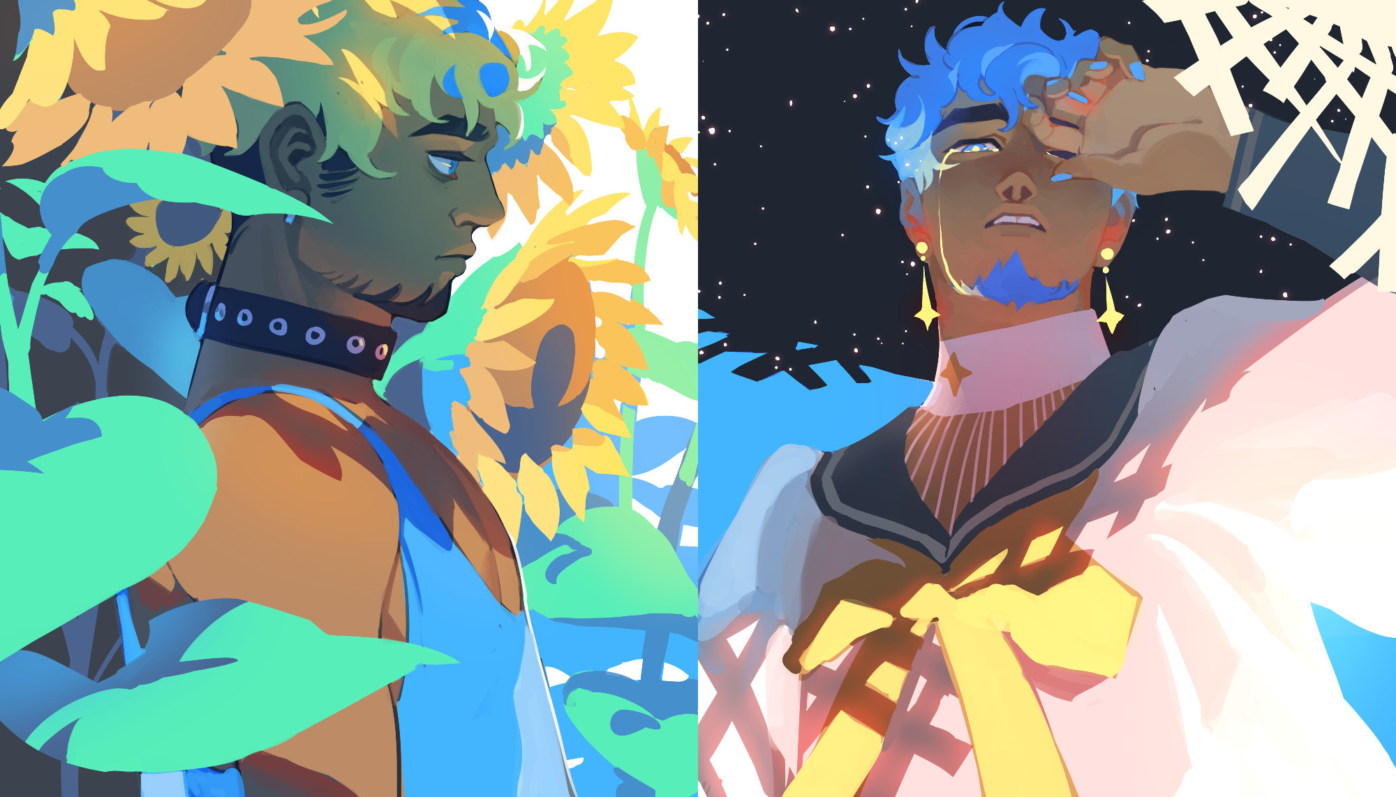 Altair scowling by a field of sunflowers, and Summer wiping his tears under the blue sky, shielded by his night-sky sunhat. The two have noticeably different demeanors.