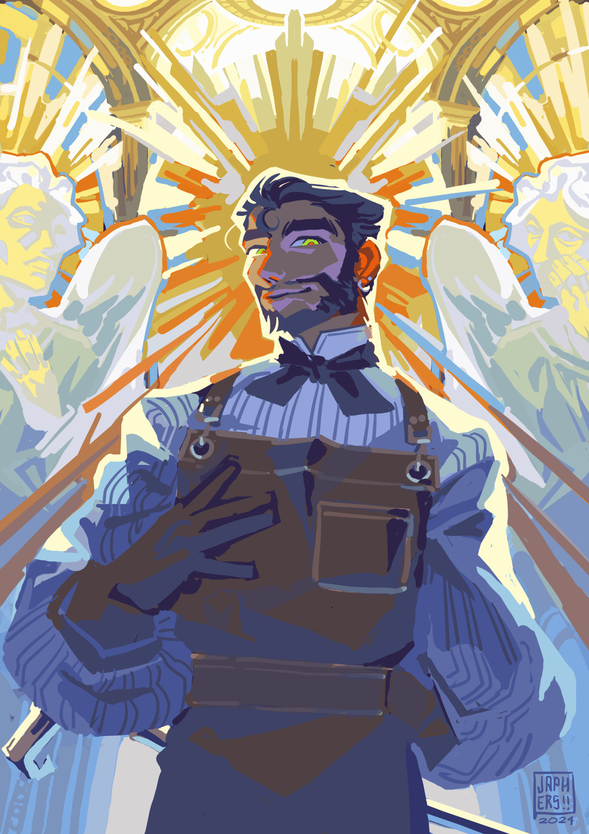 Chartreuse, in his leather apron, looking at the viewer as stone angels whisper in his ear behind him. Sun rays frame his head like stained glass.