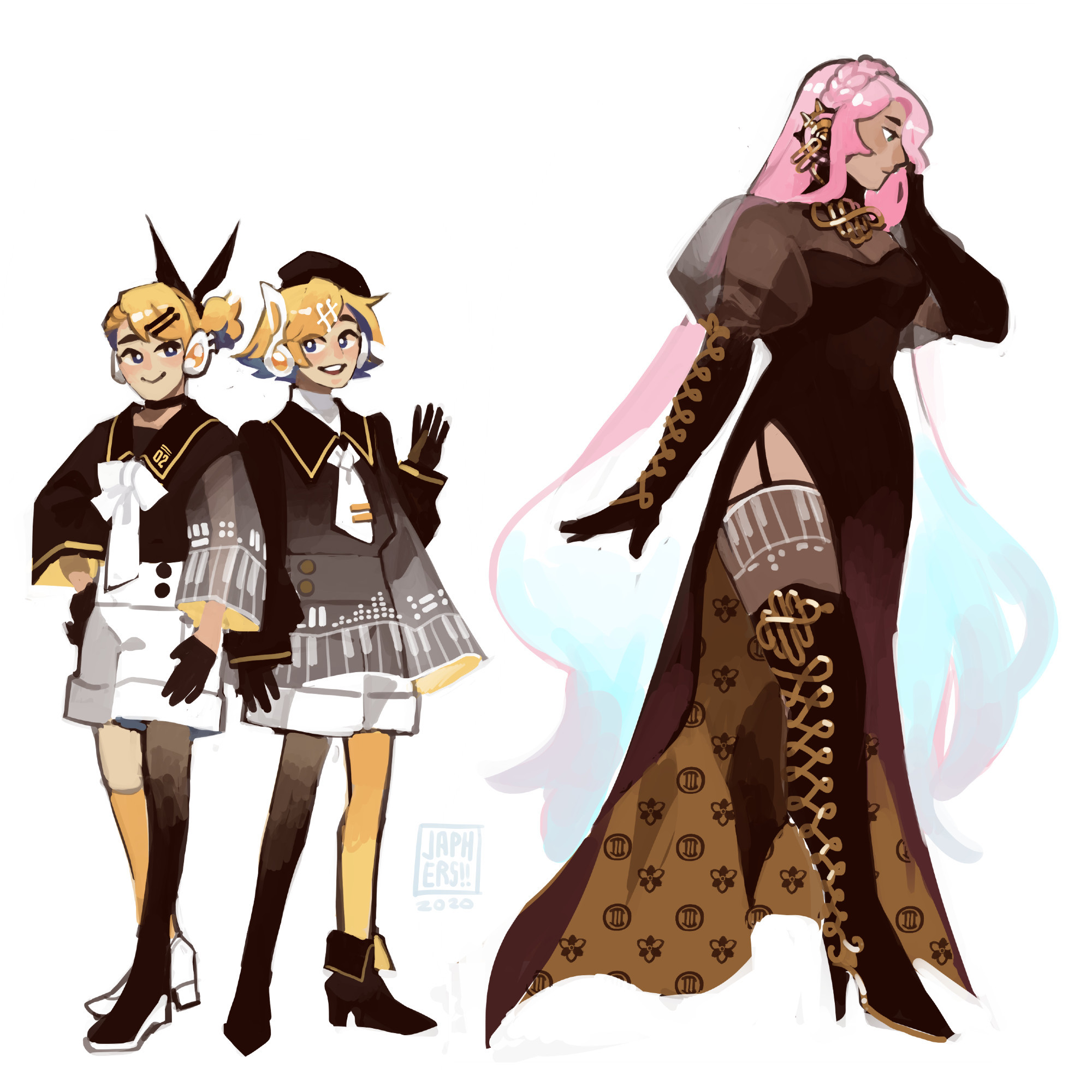 (from left to right) Len, Rin and Luka designs. All sport similar design cues with Miku: sheer fabrics with piano motifs, and their signature colors reflected somewhere on the outfits. Luka has gilded gold details reminiscent of musical instruments like trumpets and flutes, while the twins have headphones shaped like bass and treble clefs, as well as asymmetrical footwear. The two have noticeably switched certain character details, with Len sporting a hair tie and neck bow, and Rin wearing a tie with yellow clips.