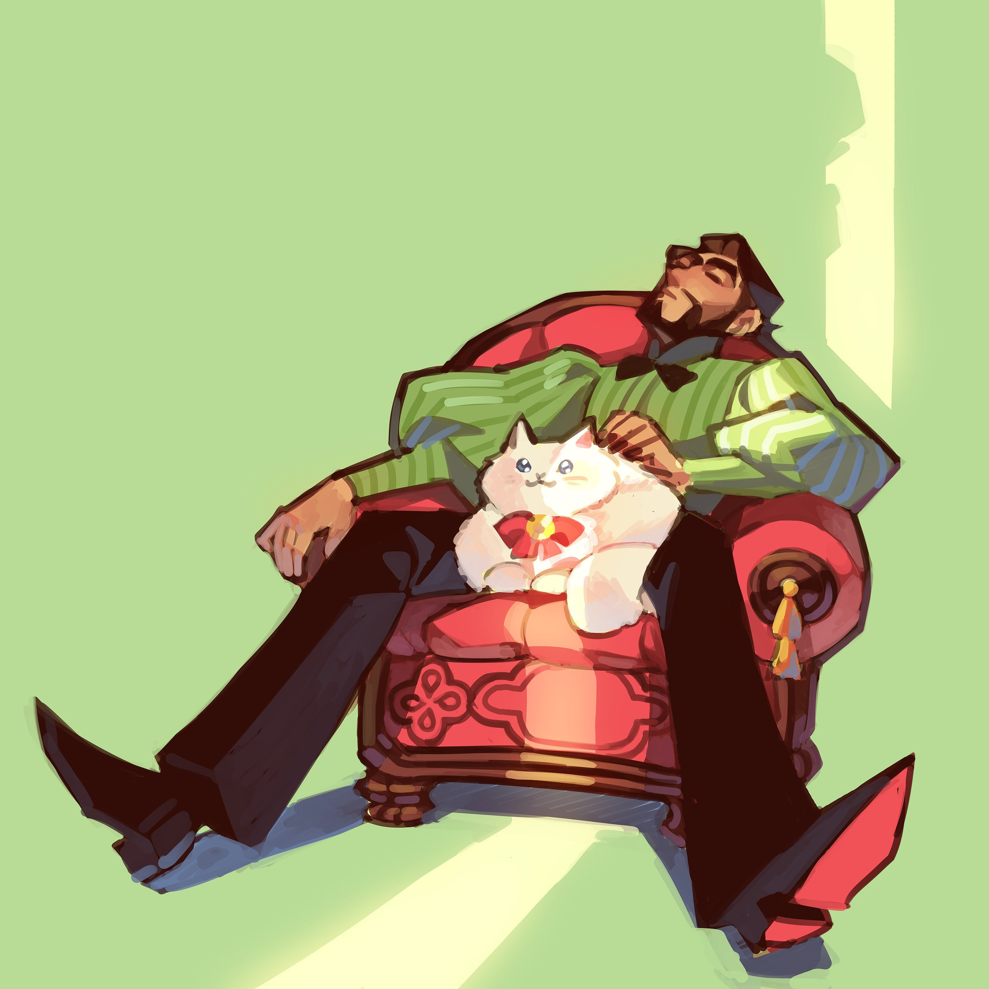 Chartreuse Floriando, an OC, passed out on a red sofa in between petting a white cat. A shadow on the ribbon of light on him suggests someone watching him sleep.