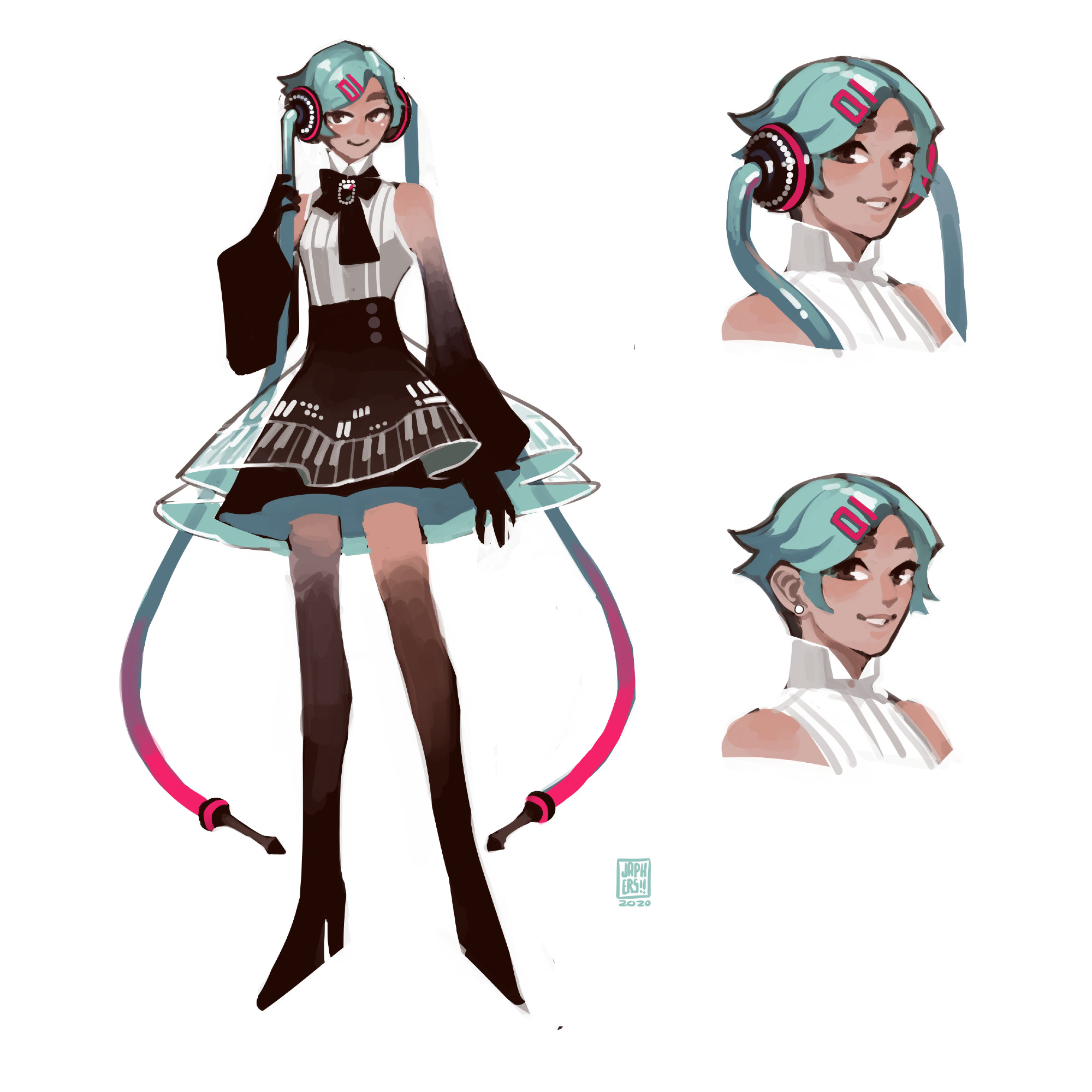 a redesign of Hatsune Miku, notably with cable wires extending from her headphones where her twintails should be. The outfit consists of a white blouse with a high collar and bowtie, as well as a black skirt with a sheer overskirt, and arm warmers+boots that seem to fade into her skin. Her magenta hairclips are shaped like the "01" numbers from her original design.