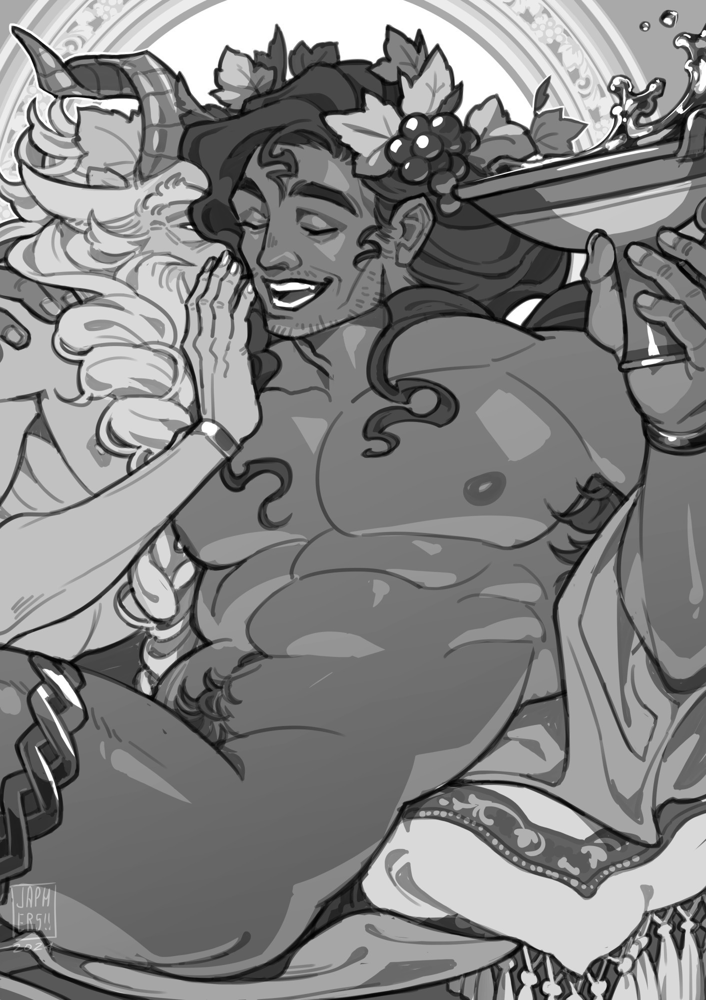 a monochrome illustration of Dionysus from Supergiant's Hades, lounging with wine in one hand and a satyr whispering in his ear.