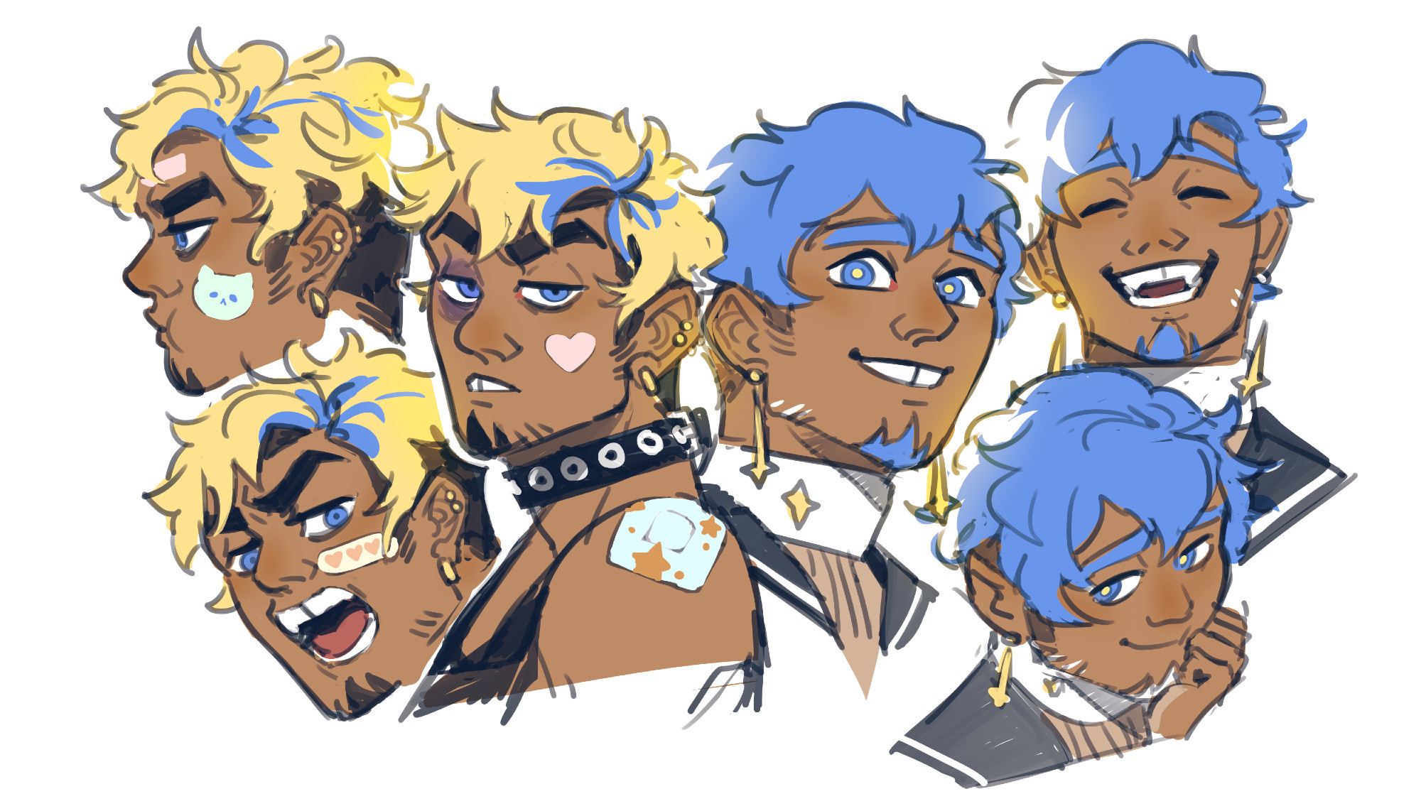 Expressions for Altair and his magical form Summer (OCs). The former is plastered with cute bandages and looks like he just came from a fistfight, while the latter has a much kinder, less damaged countenance and completely blue hair (and presumably also pronouns with it).