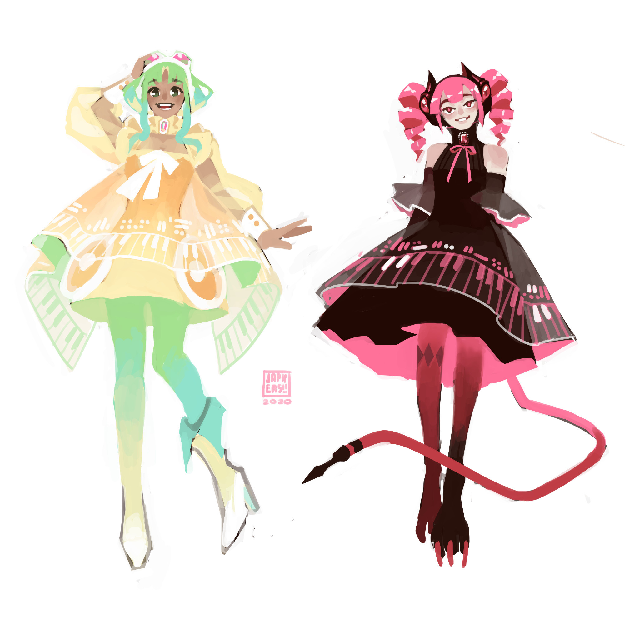 Gumi and Teto redesigns sharing Miku's design cues: sheer fabrics with piano motifs and formal silhouettes. Gumi's is a more modern, almost robotic dress with sheer puffy sleeves and skirt speakers, sporting her orange and green colors. Teto's has horns on her headphones, a red cord tail and claw boots, hearkening to her chimera backstory.