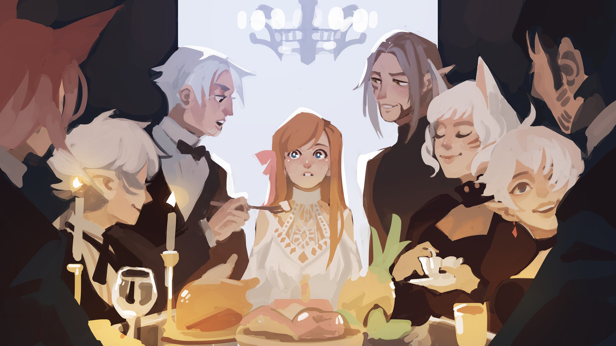 The Scions of the Seventh Dawn surrounding Ryne, from Final Fantasy XIV, around a dinner table, in a compositional homage to Loona/Loossemble Gowon's One and Only MV.