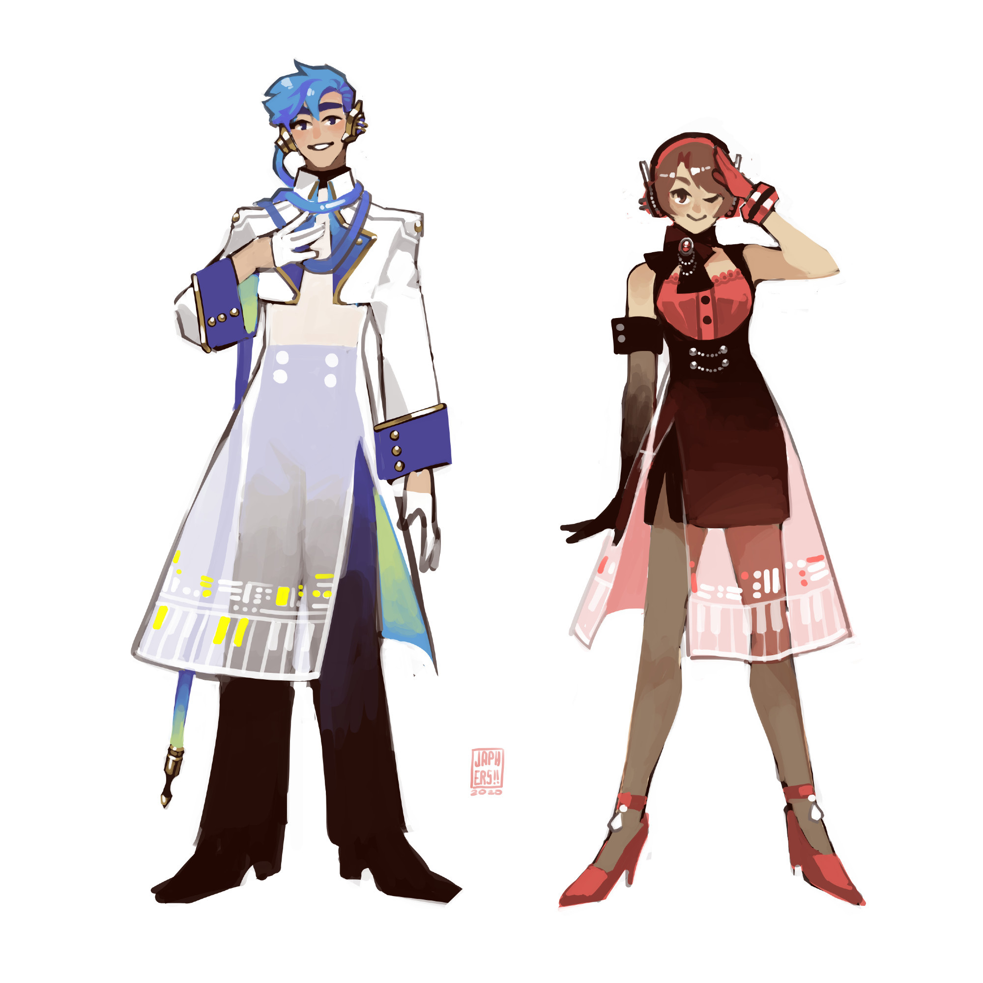 Kaito and Meiko with similar design cues as Miku- sheer panels with piano motifs and their signature colors somewhere on their outfits. Kaito's scarf is a blue cord connected to his gold headphones, while Meiko sports her sheer overskirt with a black pencil-skirt bustier, red blouse, red shoes with pearl droplets and asymmetrical gloves.