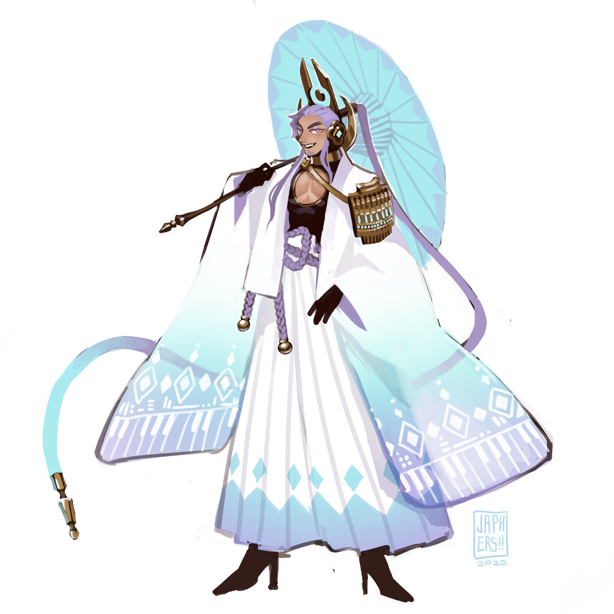 a redesign of Gackupo, sporting similar design cues to Miku's redesign, with sheer piano-pattern haori sleeves and a ponytail that terminates into a long cord. His design is dominated by his white, cyan and purple colors, with sparse black details like his keyhole haltertop, gloves and heels, finished off with gold hardware. He holds in one hand a hard-light umbrella.