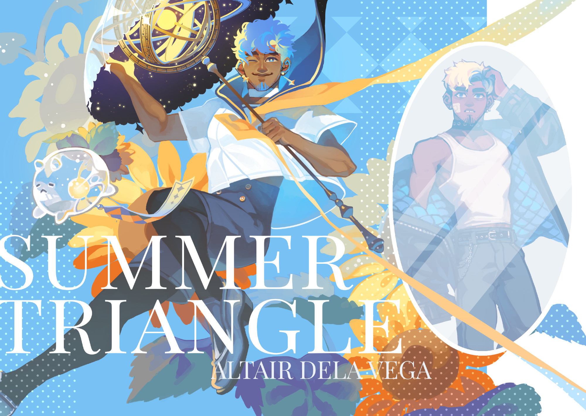 Altair Dela Vega, a little bottle-blonde punk, and his magical form, the nostalgic Summer Trangle (OC). The latter wields a parasol with an armillary sphere as a weapon, either as a conjuring staff or bludgeoning implement.