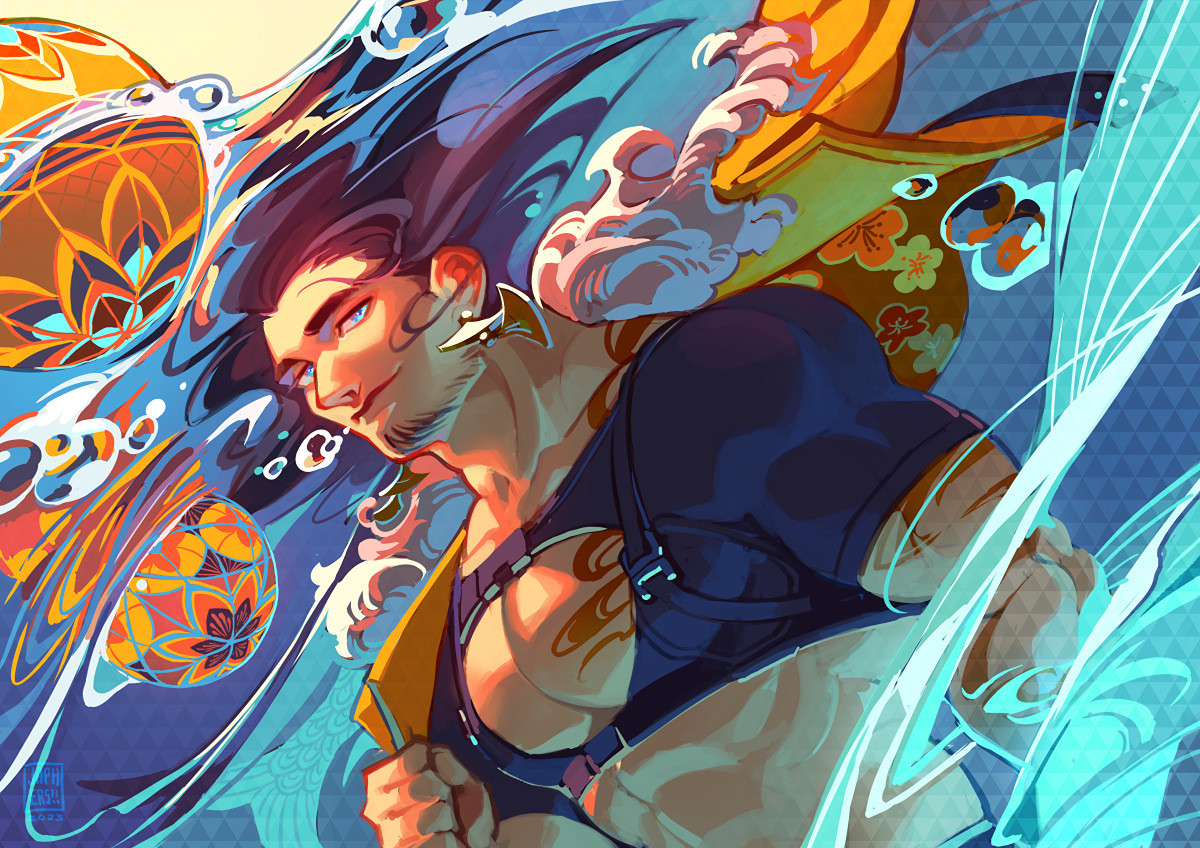 An illustration of Josuiji Shinri from Holostars, floating underwater surrounded by temari balls.