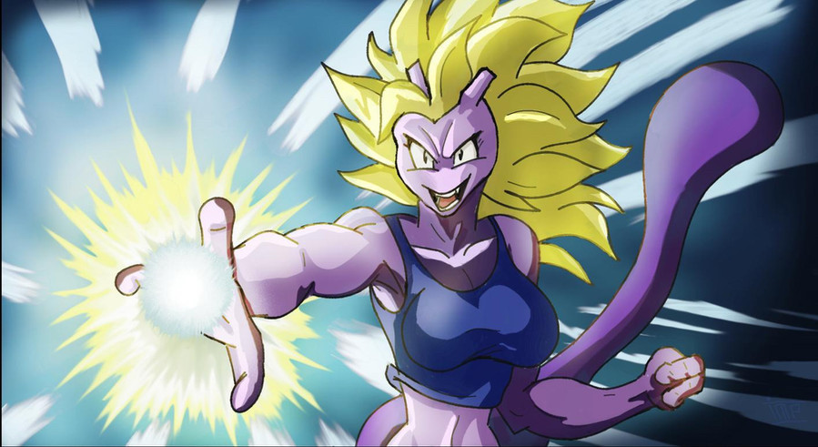 Digital artwork of FusionWarrior, the transgender woman human Saiyan hybrid permanently fused with a Mewtwo, laughing maniacally as she fires an energy blast towards an offscreen opponent. Art by Imperor
