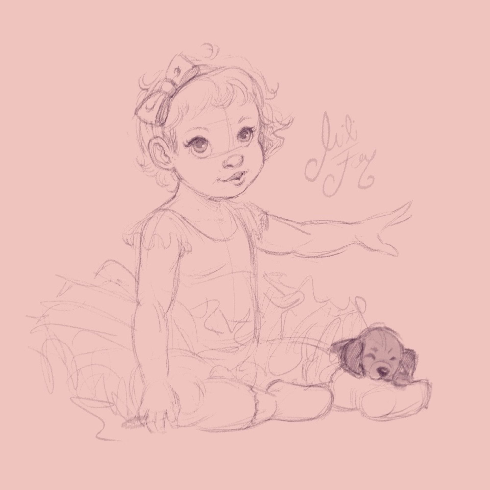 Sketch 01 — Developing a Style for “Just Dance!” This is the initial pose sketch of a baby in a tutu sitting inspired by a photo. I added a puppy leaning on her leg. The baby looks a bit stiff (lines are mostly vertical and horizontal) and the proportions are too realistic — I want to add more movement and weight.